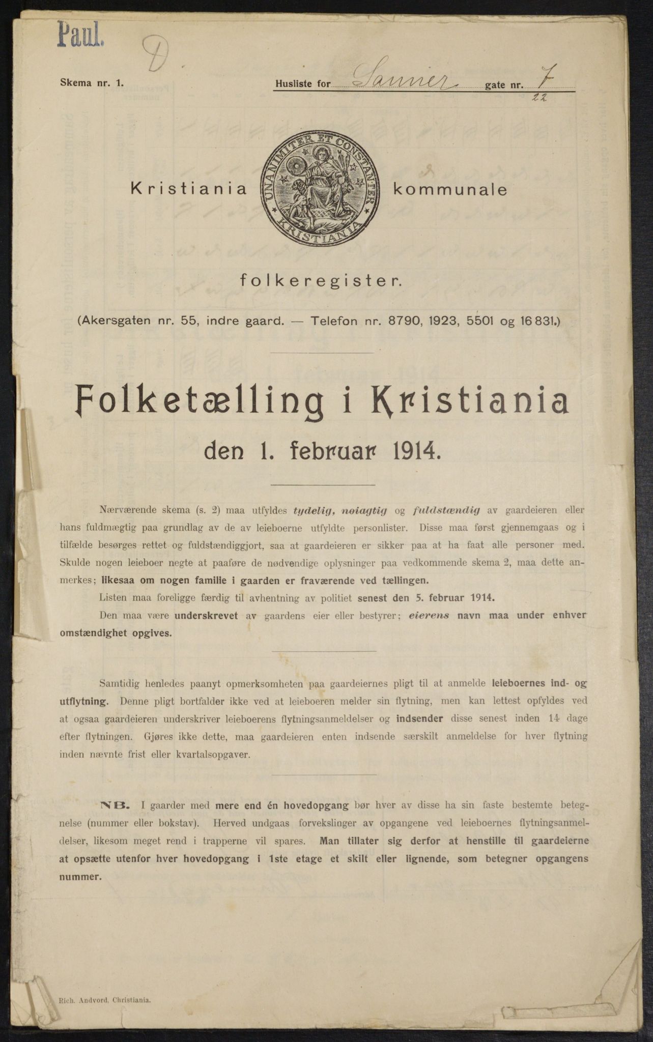 OBA, Municipal Census 1914 for Kristiania, 1914, p. 88292