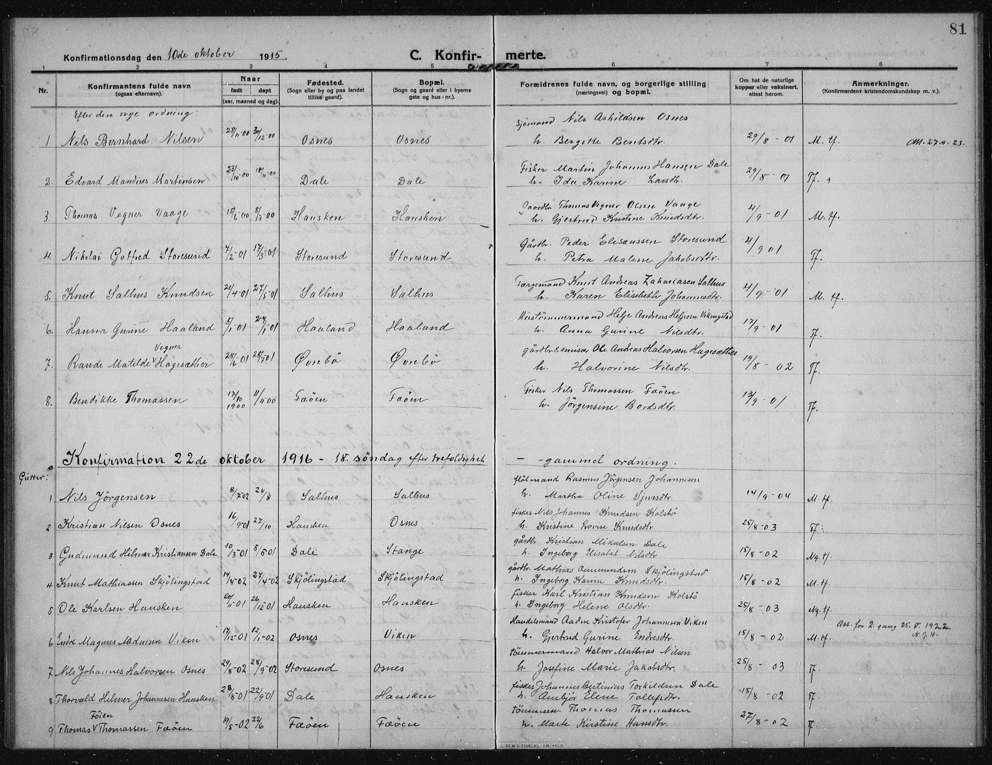 Torvastad sokneprestkontor, AV/SAST-A -101857/H/Ha/Haa/L0019: Parish register (official) no. A 18, 1912-1920, p. 81