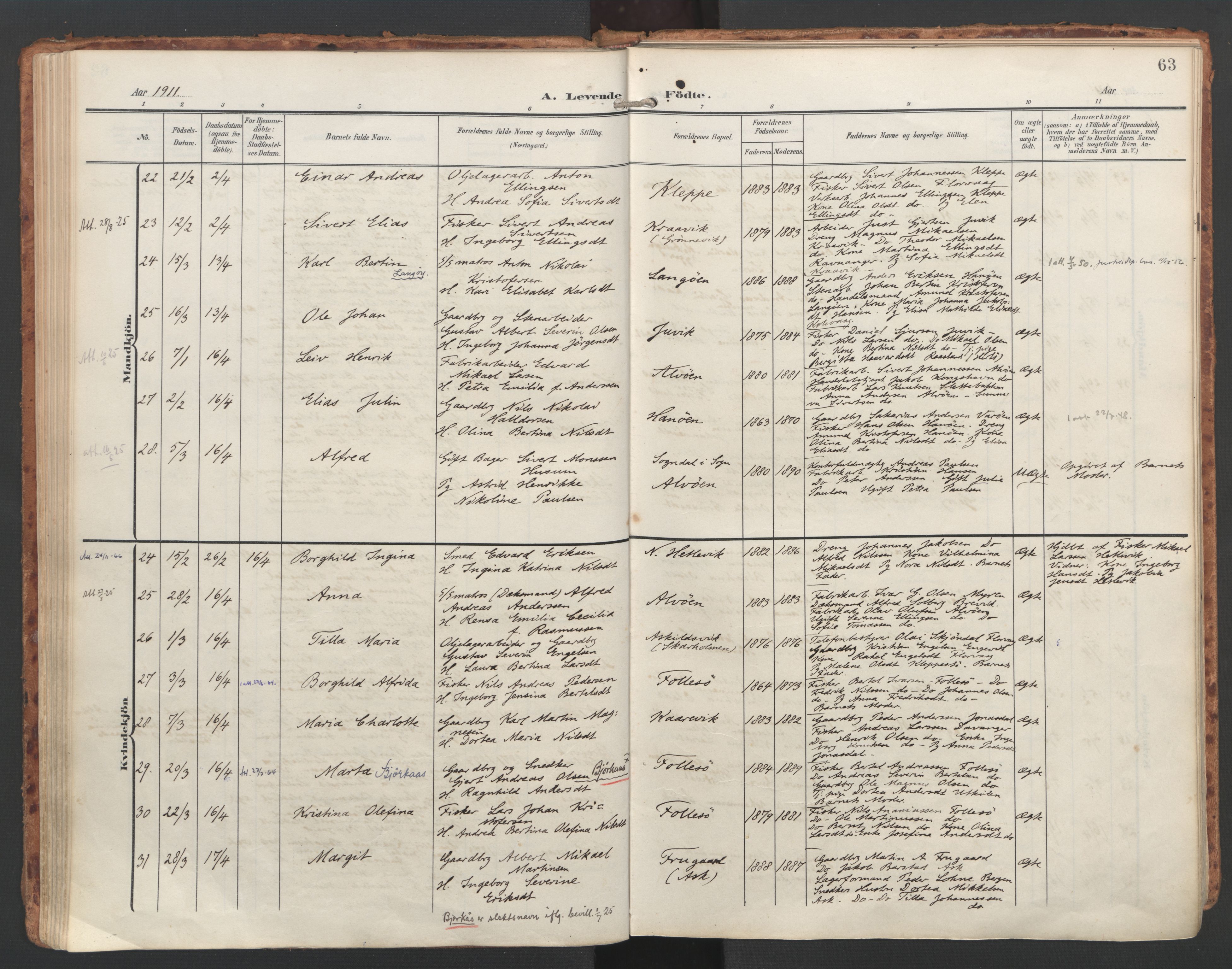 Askøy Sokneprestembete, AV/SAB-A-74101/H/Ha/Haa/Haac/L0002: Parish register (official) no. C 2, 1905-1922, p. 63