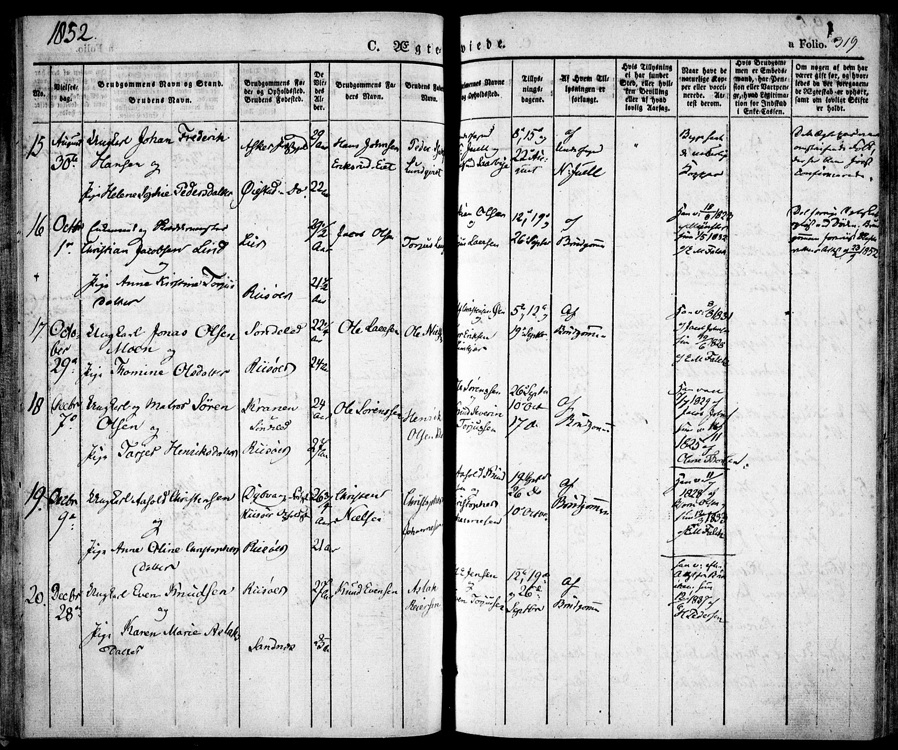 Risør sokneprestkontor, SAK/1111-0035/F/Fa/L0003: Parish register (official) no. A 3, 1838-1864, p. 319