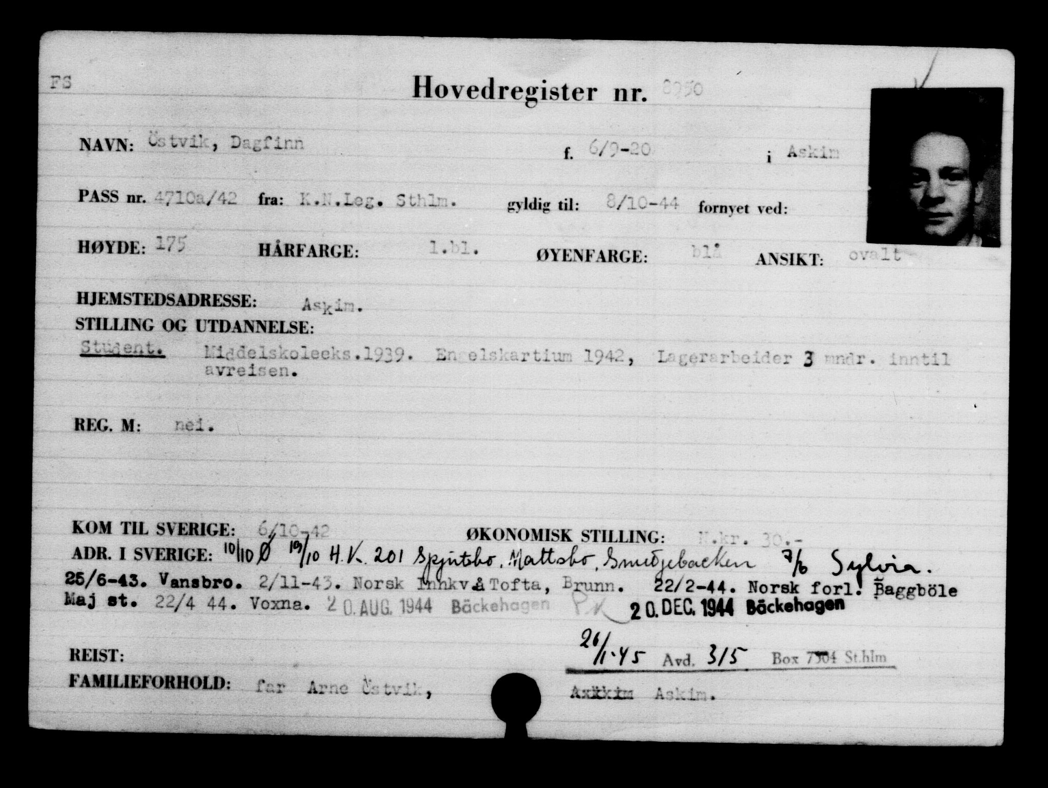 Utenriksstasjonene, Legasjonen i Stockholm, Flyktningkontoret, AV/RA-S-6753/V/Va/L0005: Kjesäterkartoteket, flyktninger med registreringsnr. 6600-9417, 1940-1945, p. 2762