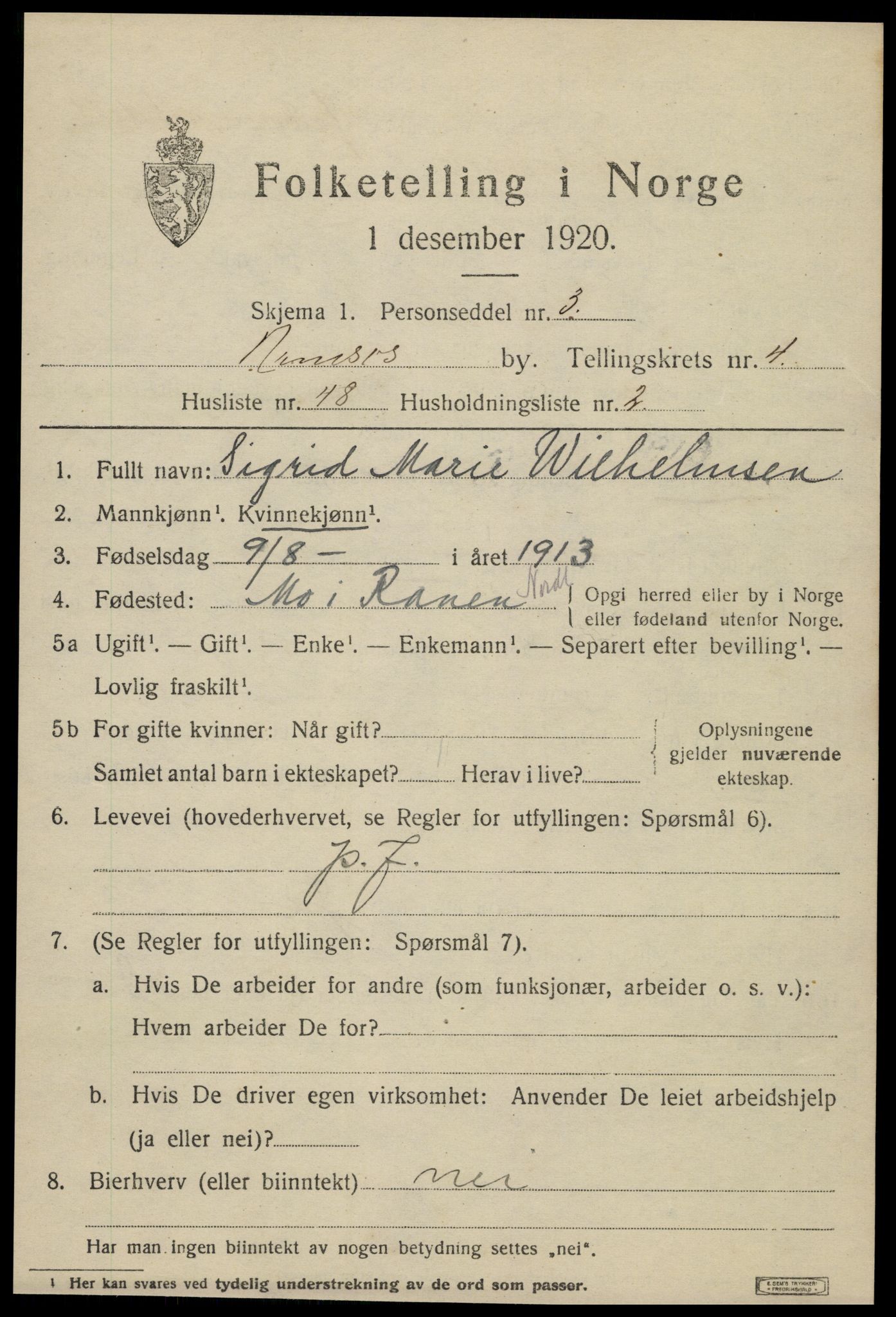 SAT, 1920 census for Namsos, 1920, p. 5611