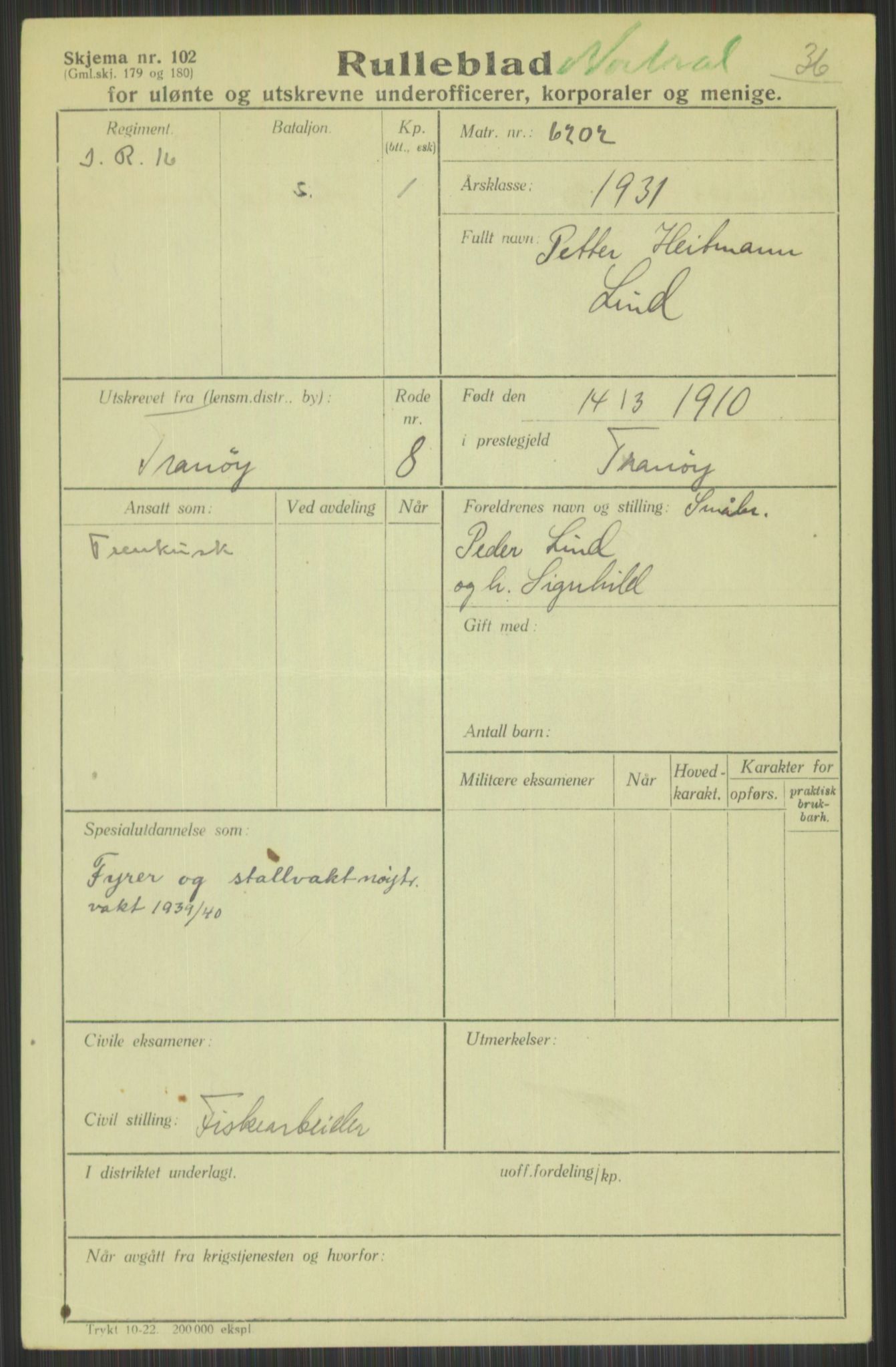 Forsvaret, Troms infanteriregiment nr. 16, AV/RA-RAFA-3146/P/Pa/L0015: Rulleblad for regimentets menige mannskaper, årsklasse 1931, 1931, p. 717