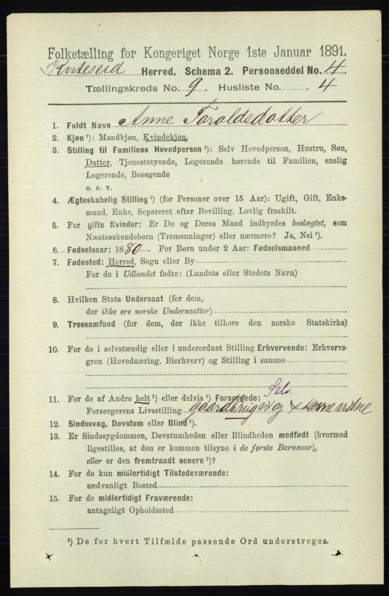 RA, 1891 census for 0829 Kviteseid, 1891, p. 2004