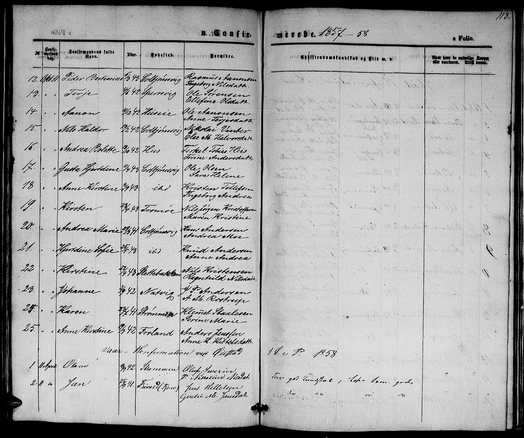 Hisøy sokneprestkontor, SAK/1111-0020/F/Fb/L0001: Parish register (copy) no. B 1, 1849-1872, p. 113