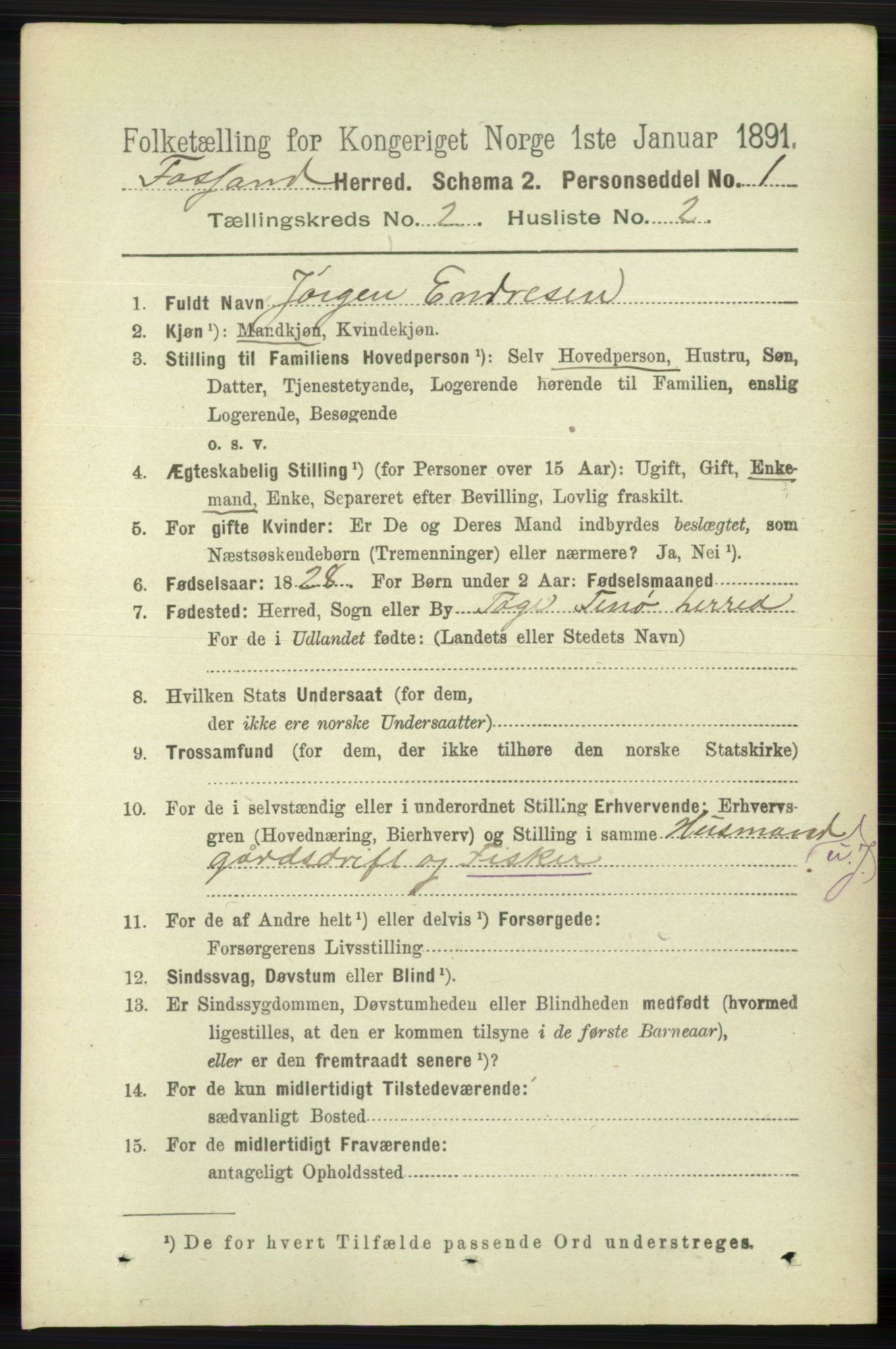 RA, 1891 census for 1129 Forsand, 1891, p. 206