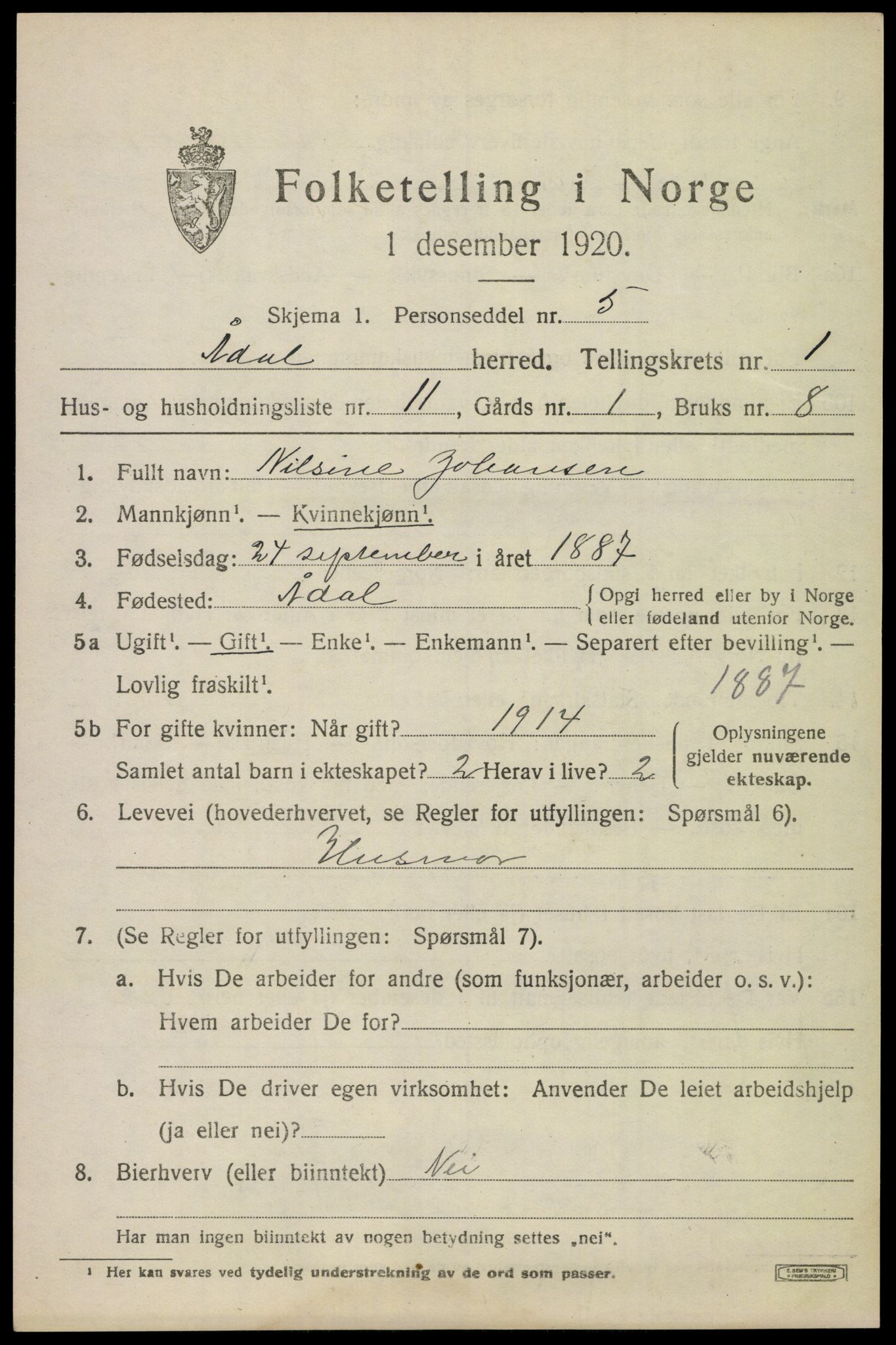 SAKO, 1920 census for Ådal, 1920, p. 1342