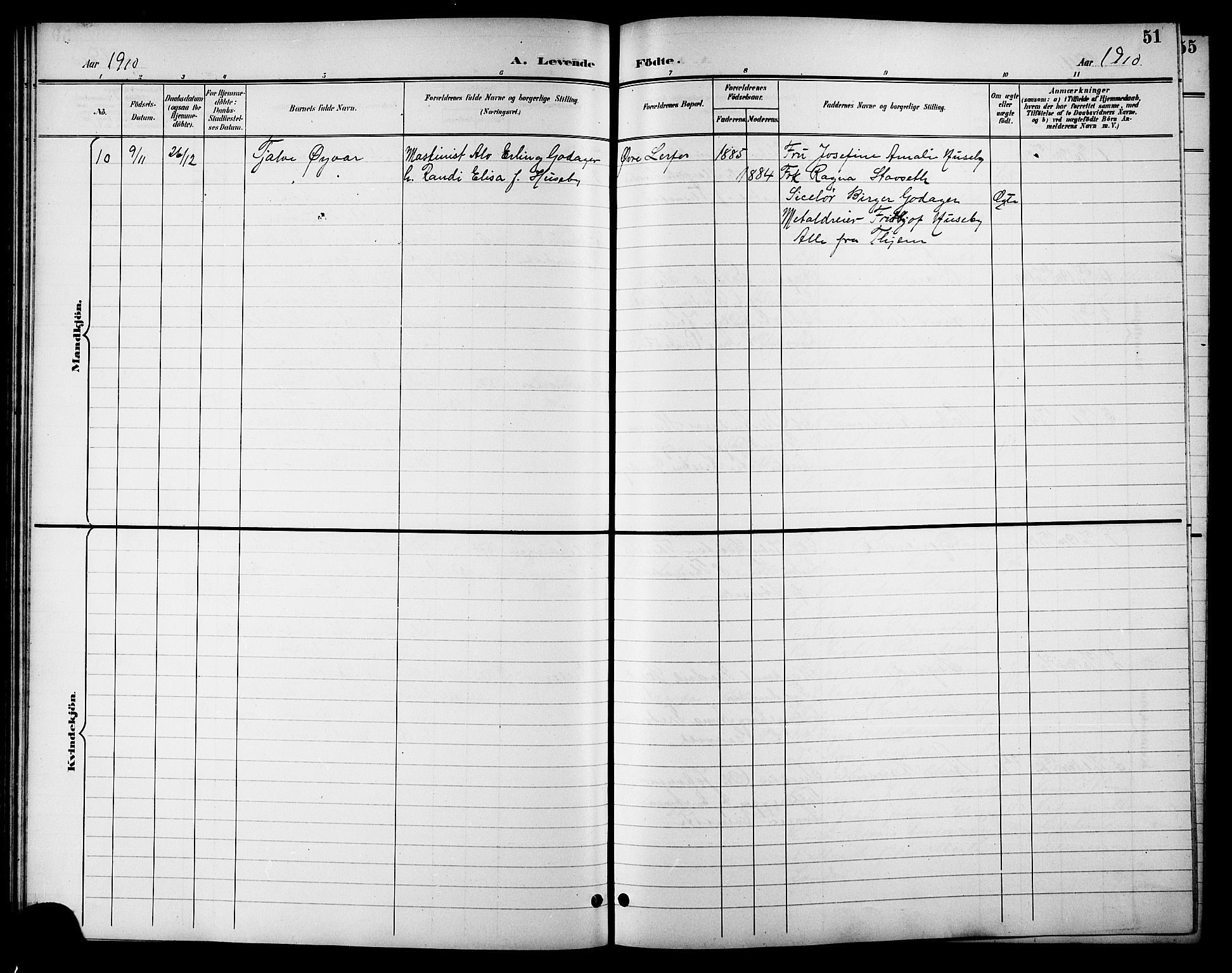 Ministerialprotokoller, klokkerbøker og fødselsregistre - Sør-Trøndelag, SAT/A-1456/621/L0460: Parish register (copy) no. 621C03, 1896-1914, p. 51