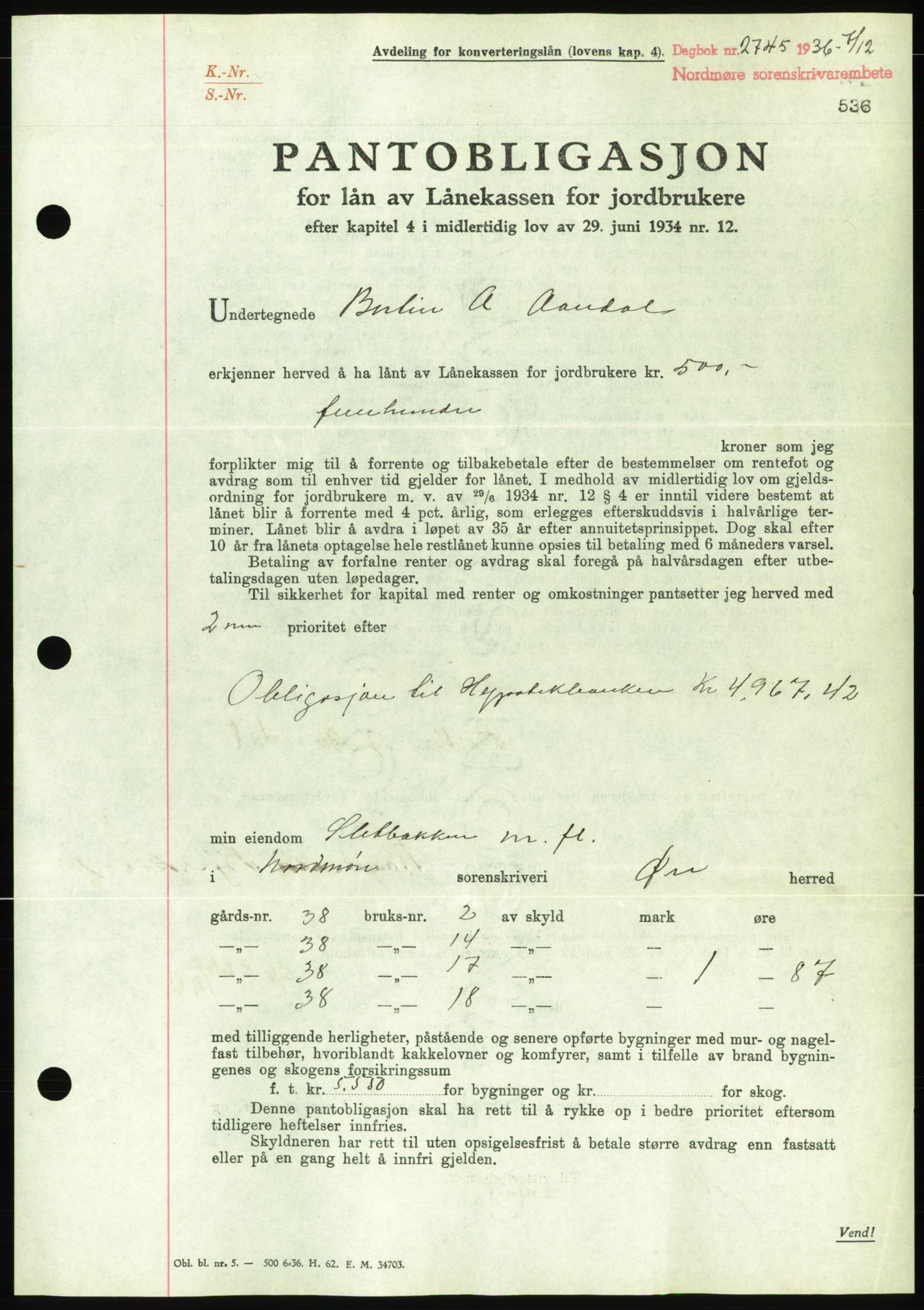 Nordmøre sorenskriveri, AV/SAT-A-4132/1/2/2Ca/L0090: Mortgage book no. B80, 1936-1937, Diary no: : 2745/1936