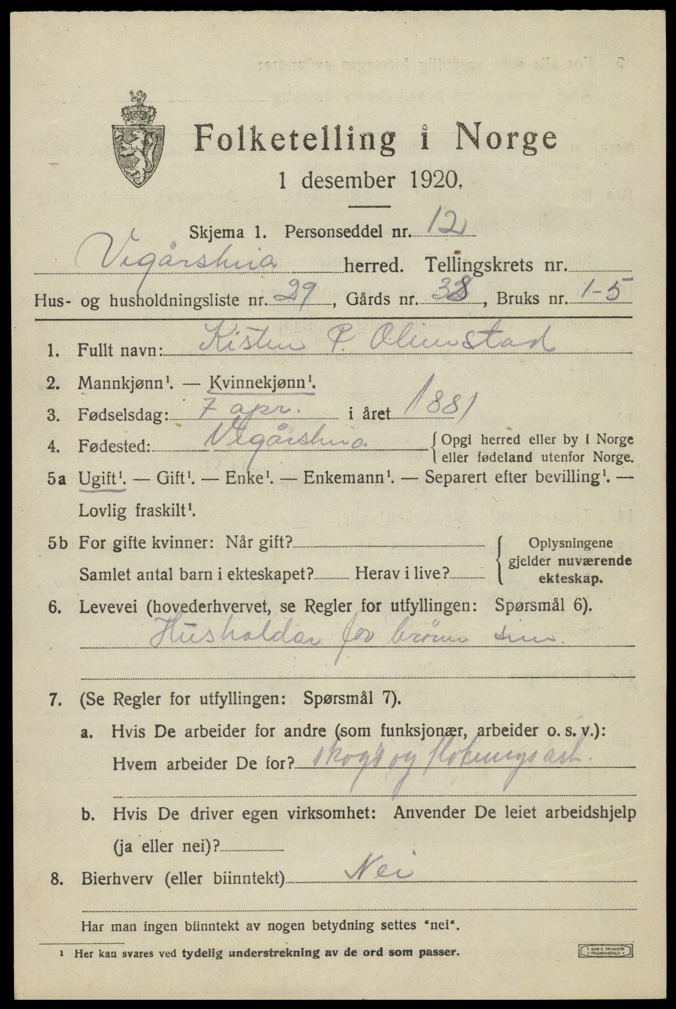 SAK, 1920 census for Vegårshei, 1920, p. 3276