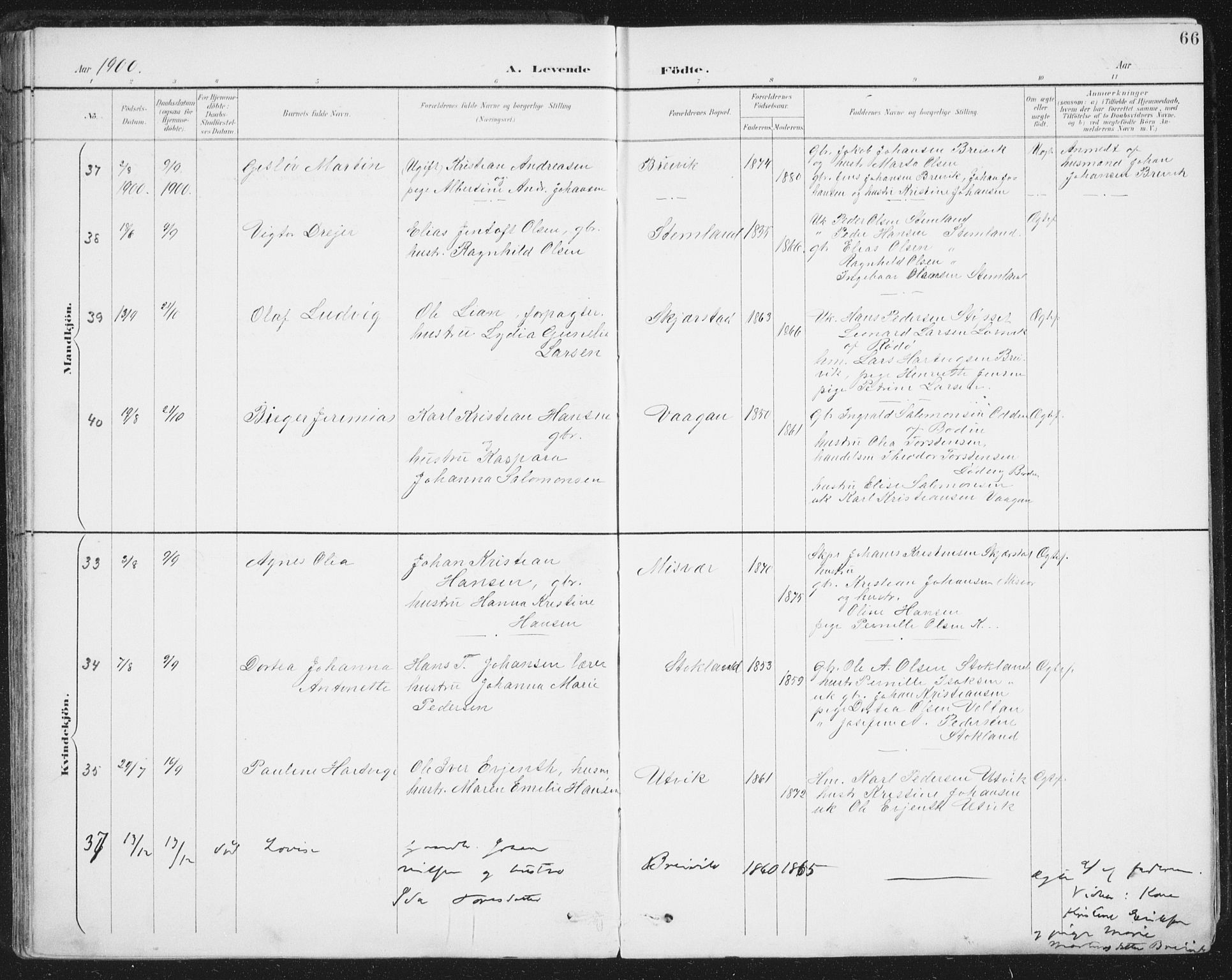 Ministerialprotokoller, klokkerbøker og fødselsregistre - Nordland, SAT/A-1459/852/L0741: Parish register (official) no. 852A11, 1894-1917, p. 66