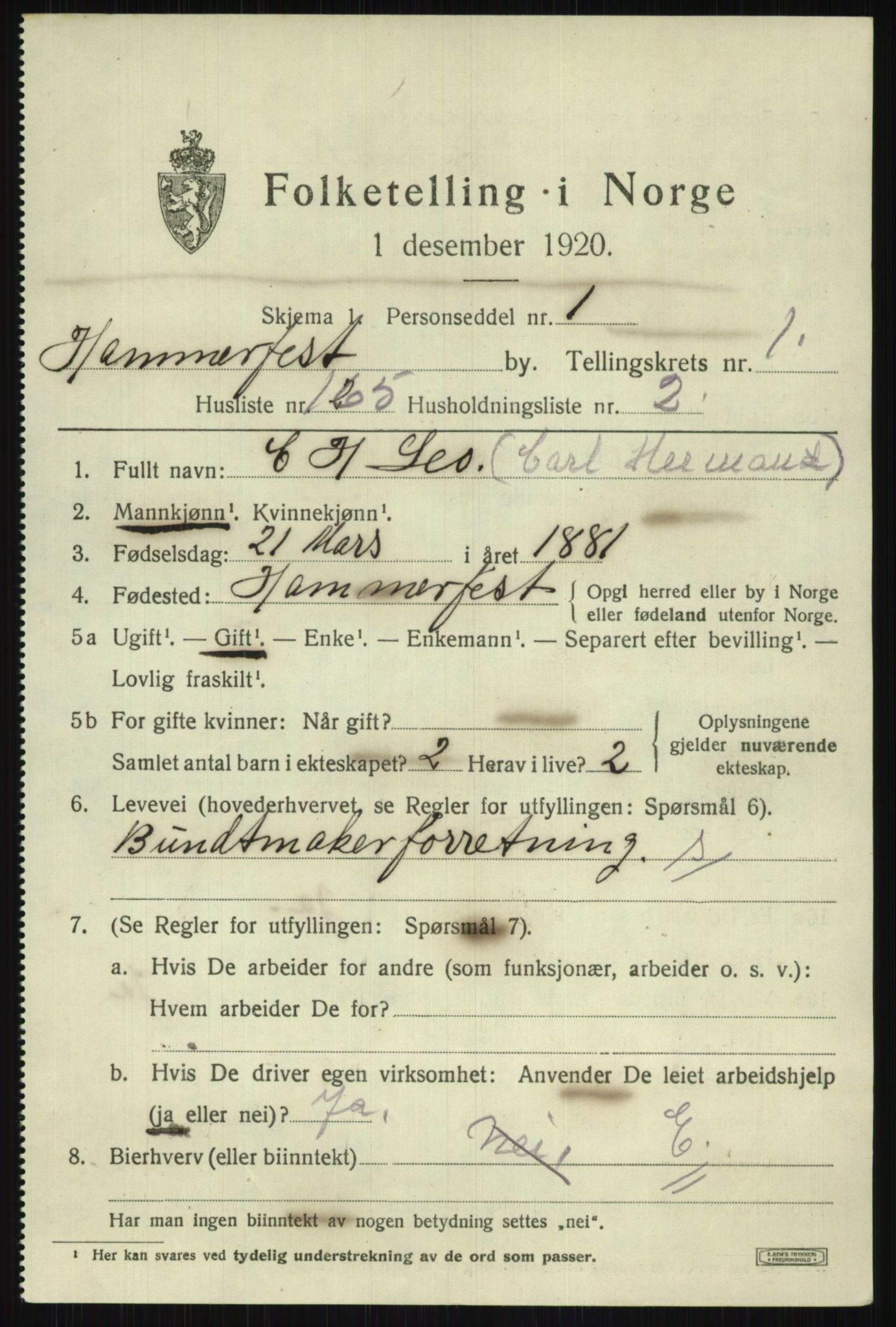 SATØ, 1920 census for Hammerfest, 1920, p. 4763