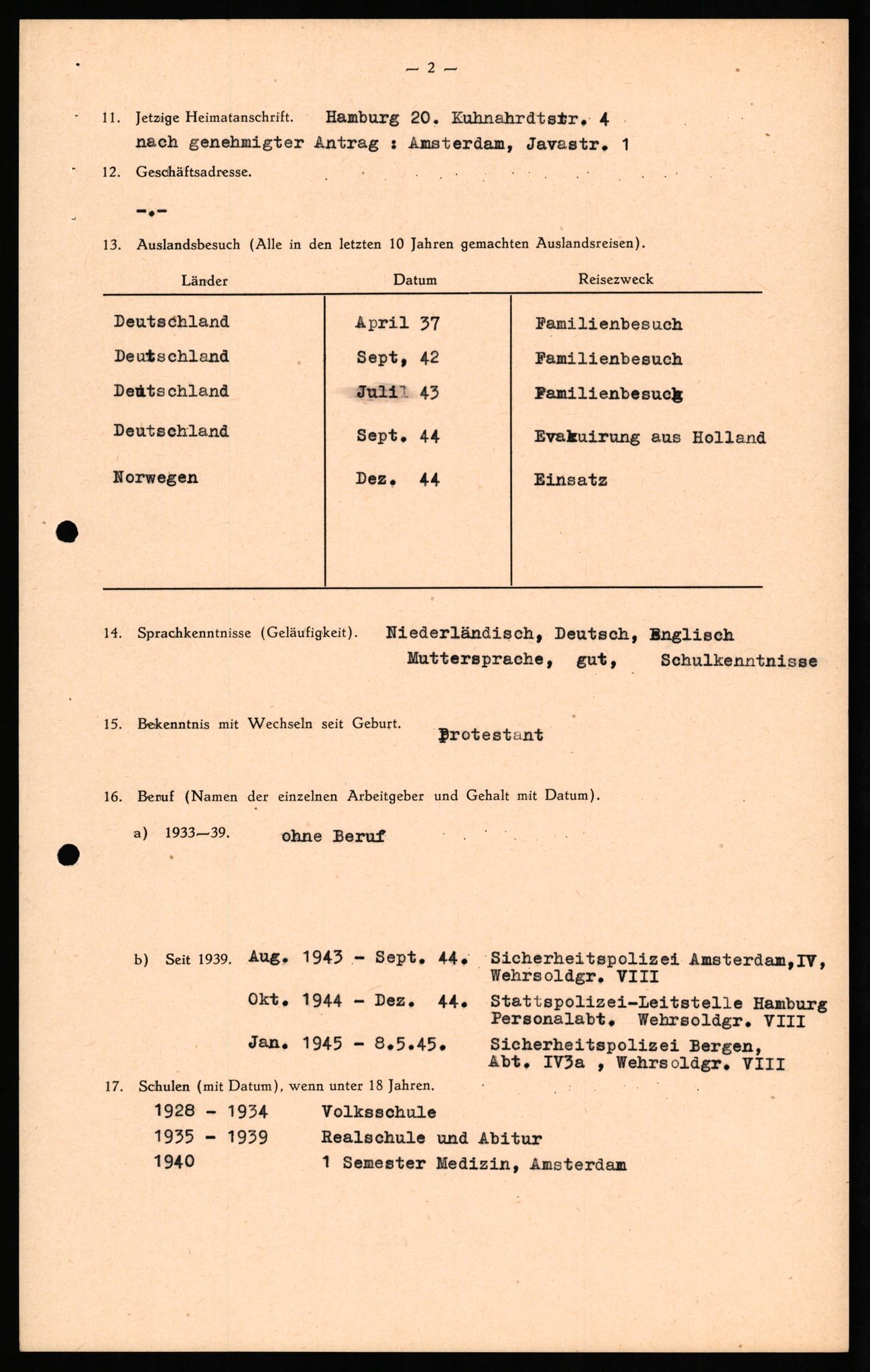 Forsvaret, Forsvarets overkommando II, RA/RAFA-3915/D/Db/L0029: CI Questionaires. Tyske okkupasjonsstyrker i Norge. Tyskere., 1945-1946, p. 413