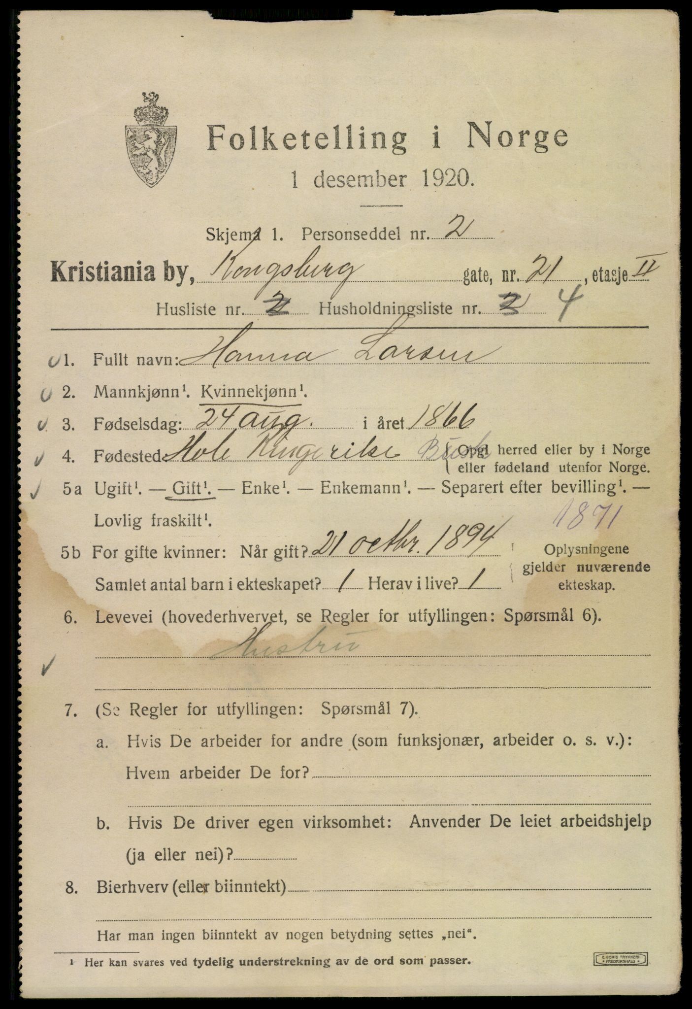 SAO, 1920 census for Kristiania, 1920, p. 348003