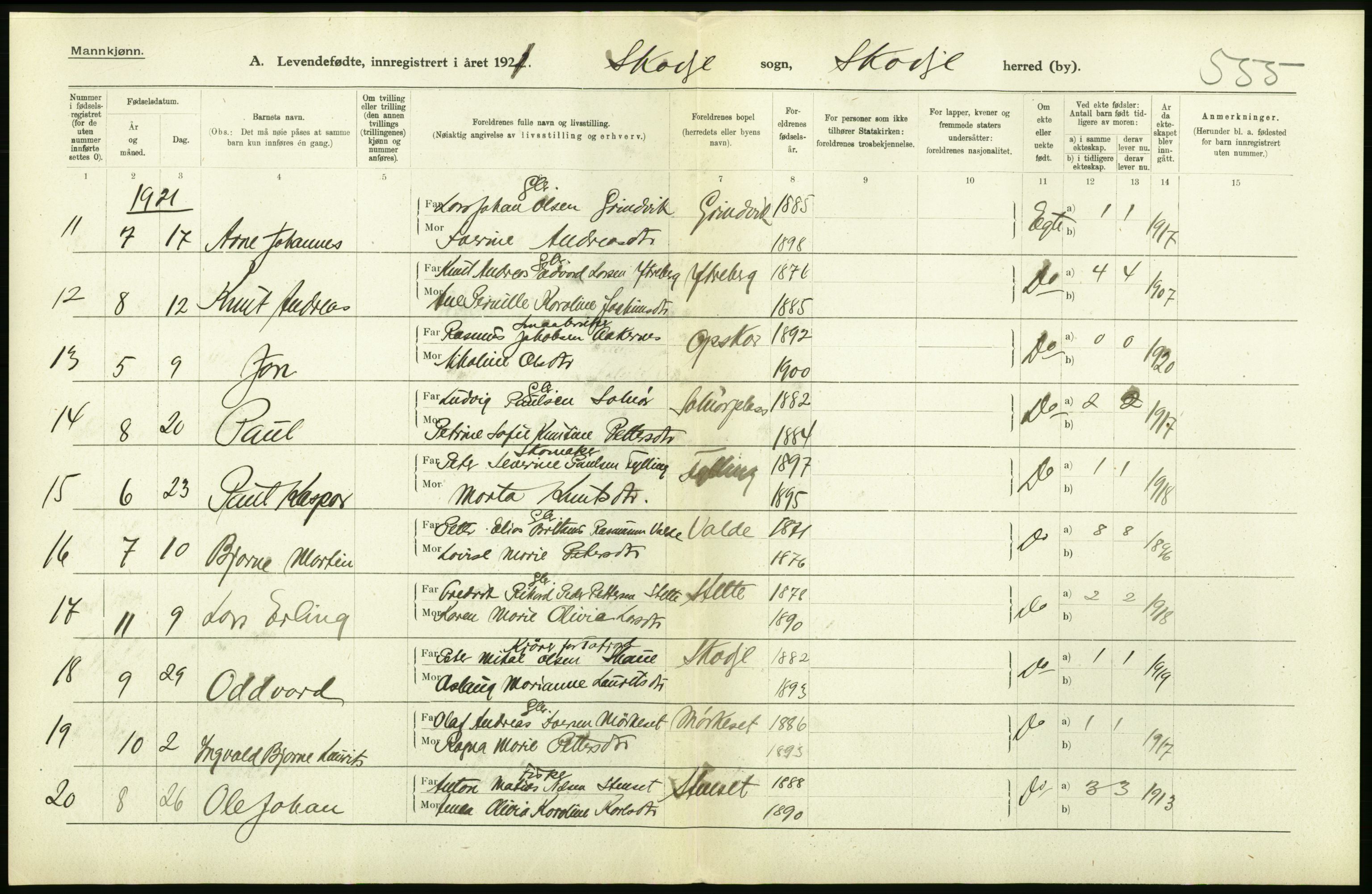 Statistisk sentralbyrå, Sosiodemografiske emner, Befolkning, RA/S-2228/D/Df/Dfc/Dfca/L0040: Møre fylke: Levendefødte menn og kvinner. Bygder., 1921, p. 112