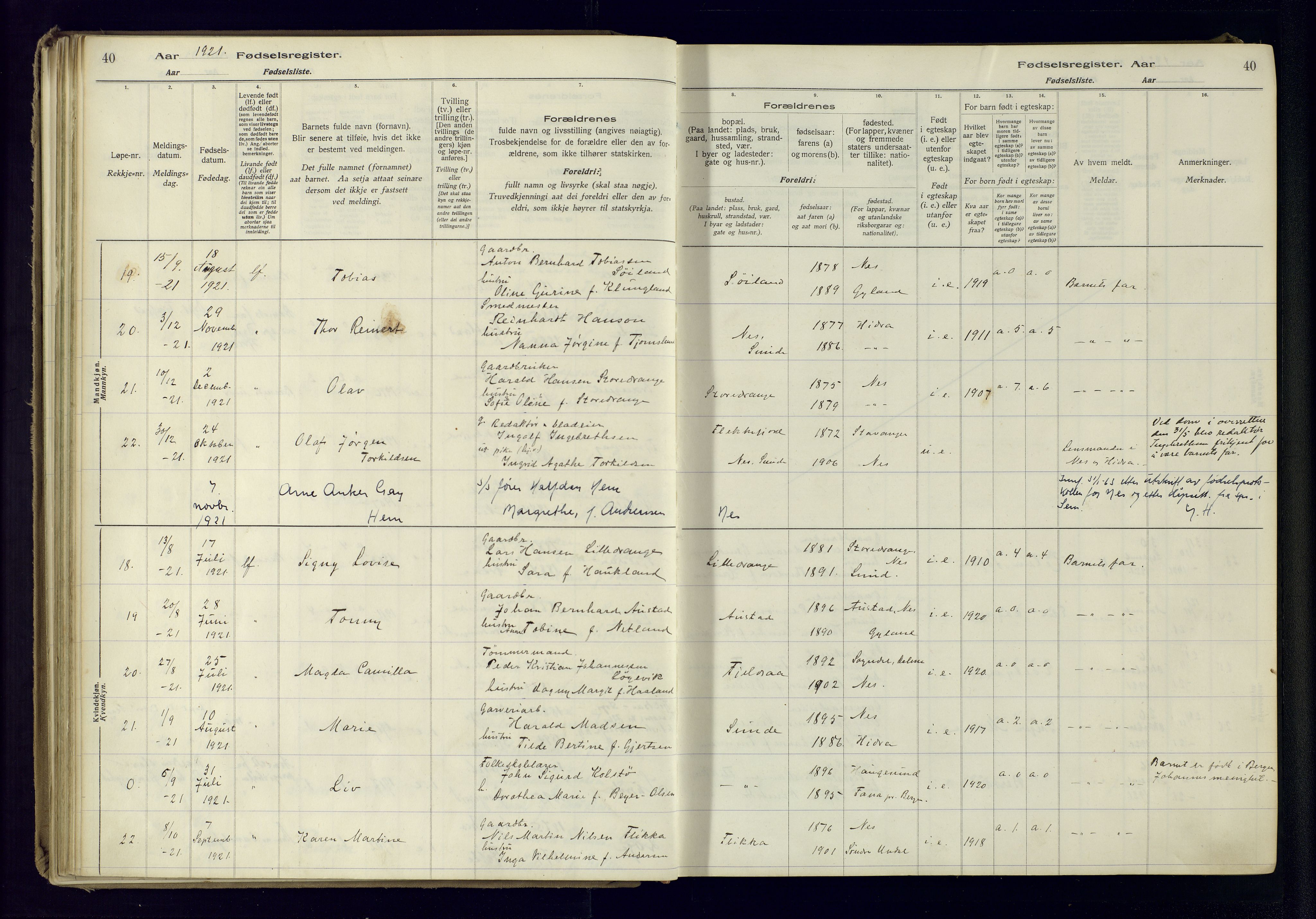 Flekkefjord sokneprestkontor, AV/SAK-1111-0012/J/Ja/L0005: Birth register no. 5, 1916-1950, p. 40