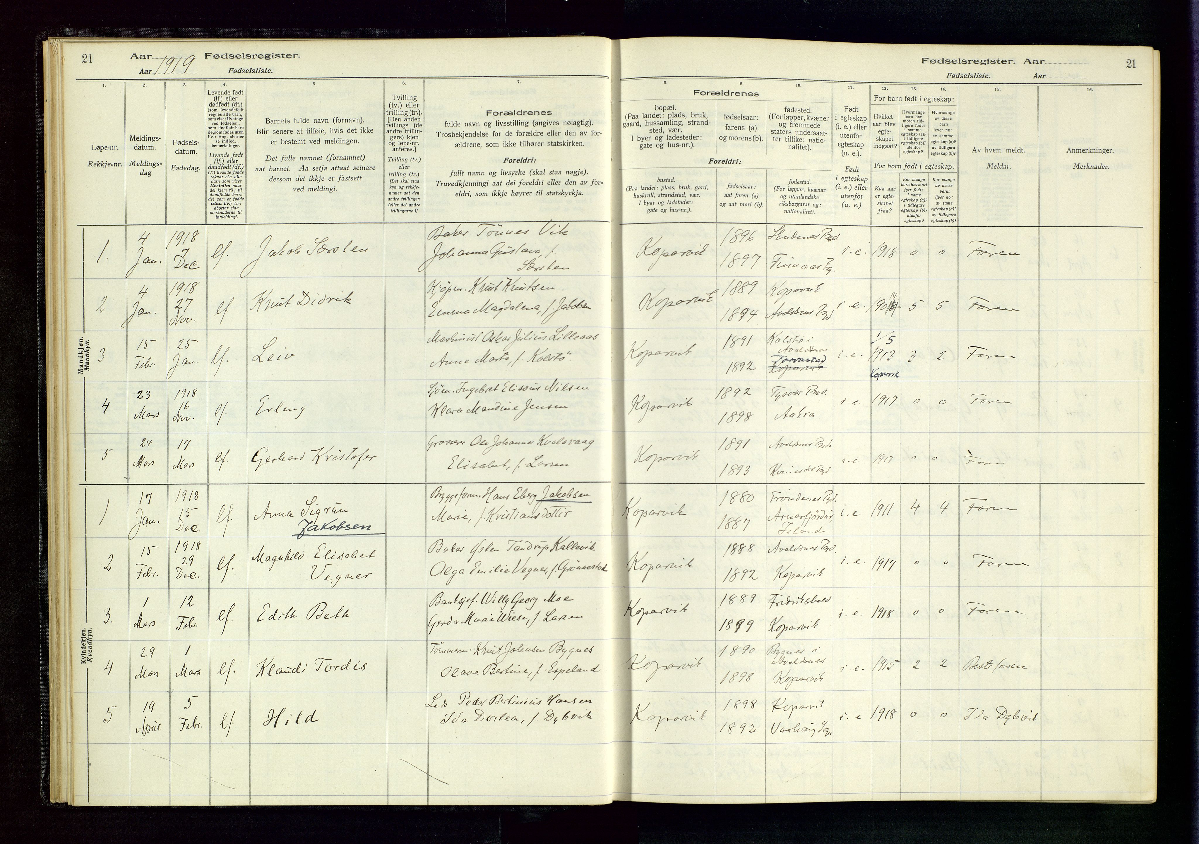 Kopervik sokneprestkontor, SAST/A-101850/I/Id/L0001: Birth register no. 1, 1916-1952, p. 21