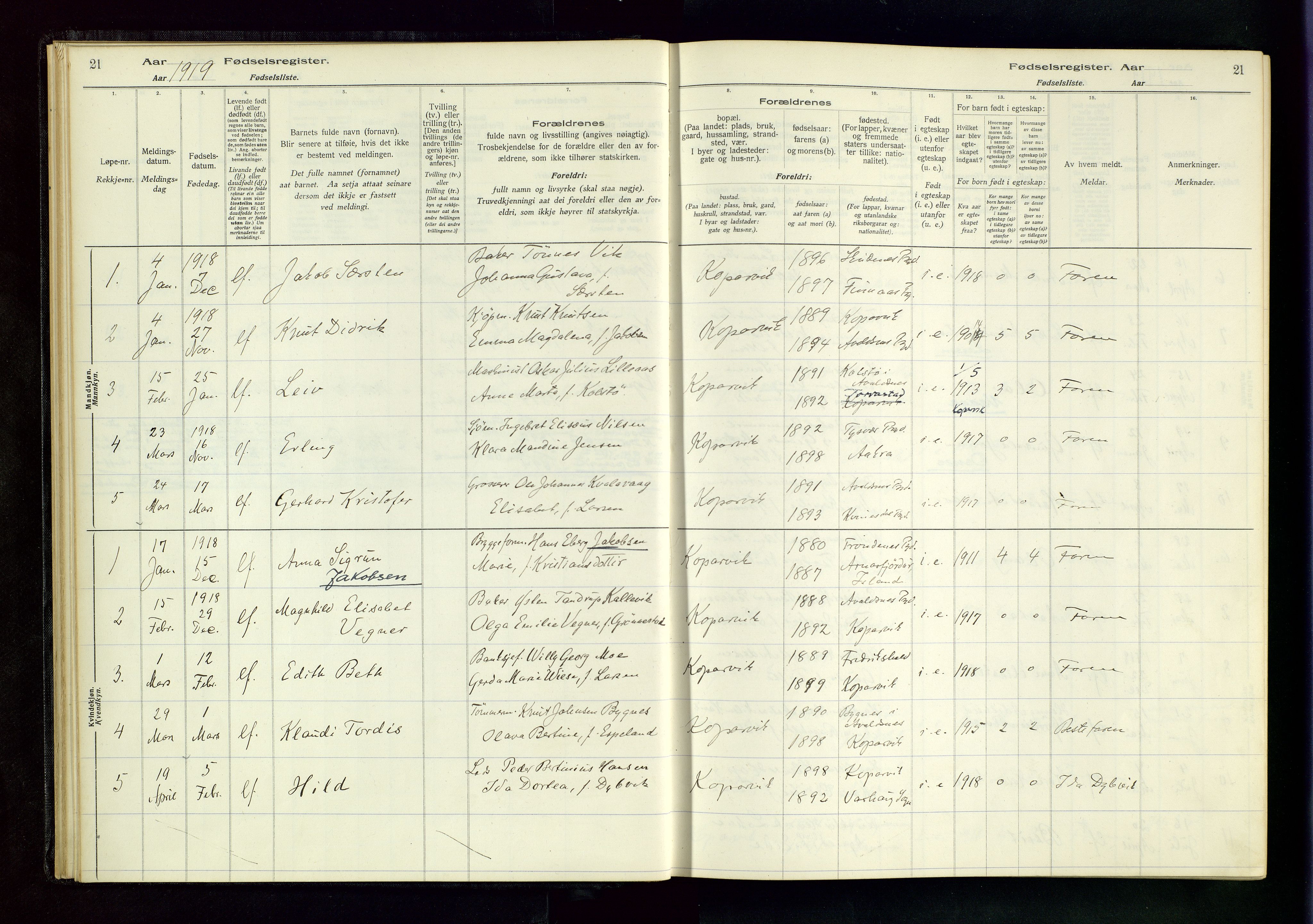 Kopervik sokneprestkontor, AV/SAST-A-101850/I/Id/L0001: Birth register no. 1, 1916-1952, p. 21