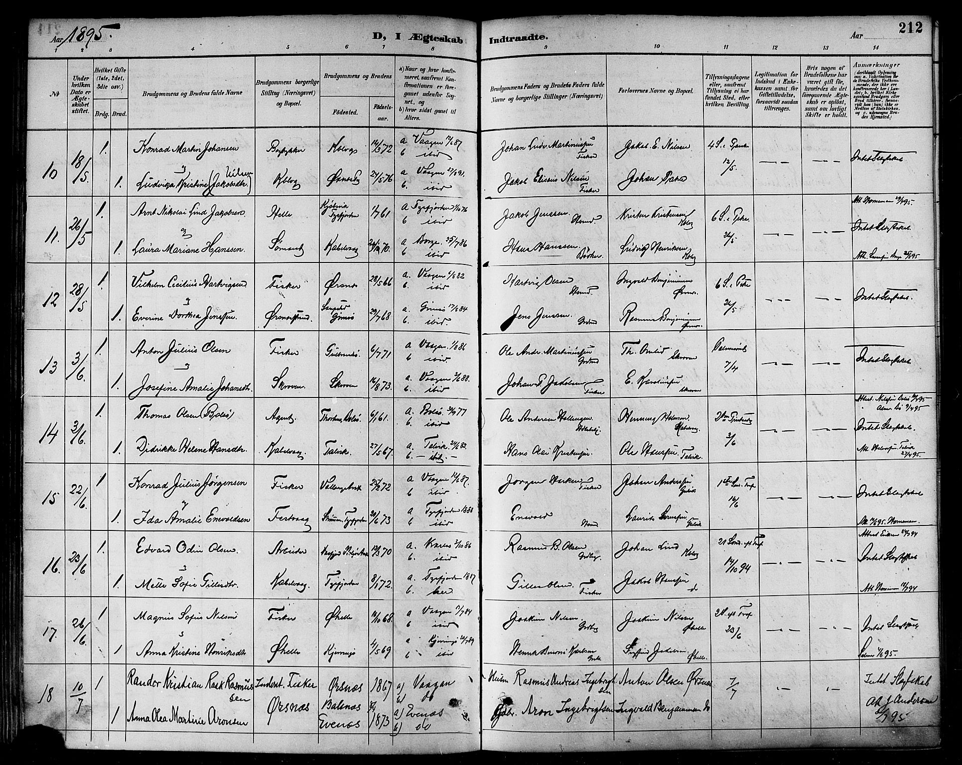 Ministerialprotokoller, klokkerbøker og fødselsregistre - Nordland, AV/SAT-A-1459/874/L1060: Parish register (official) no. 874A04, 1890-1899, p. 212