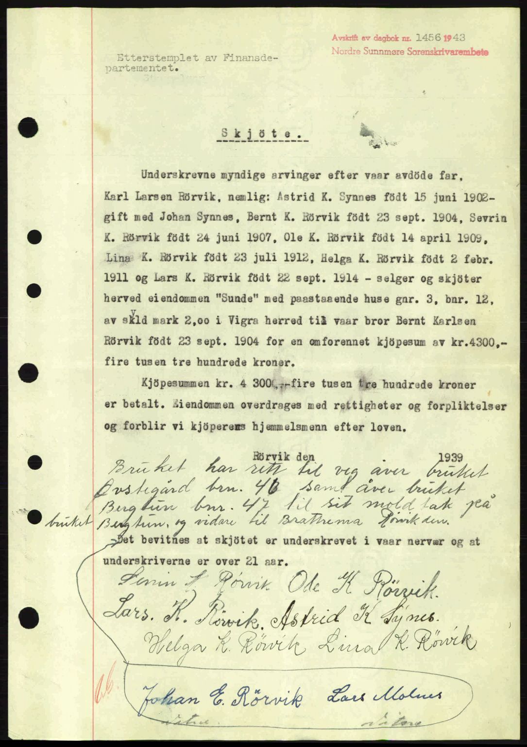 Nordre Sunnmøre sorenskriveri, AV/SAT-A-0006/1/2/2C/2Ca: Mortgage book no. A16, 1943-1943, Diary no: : 1456/1943