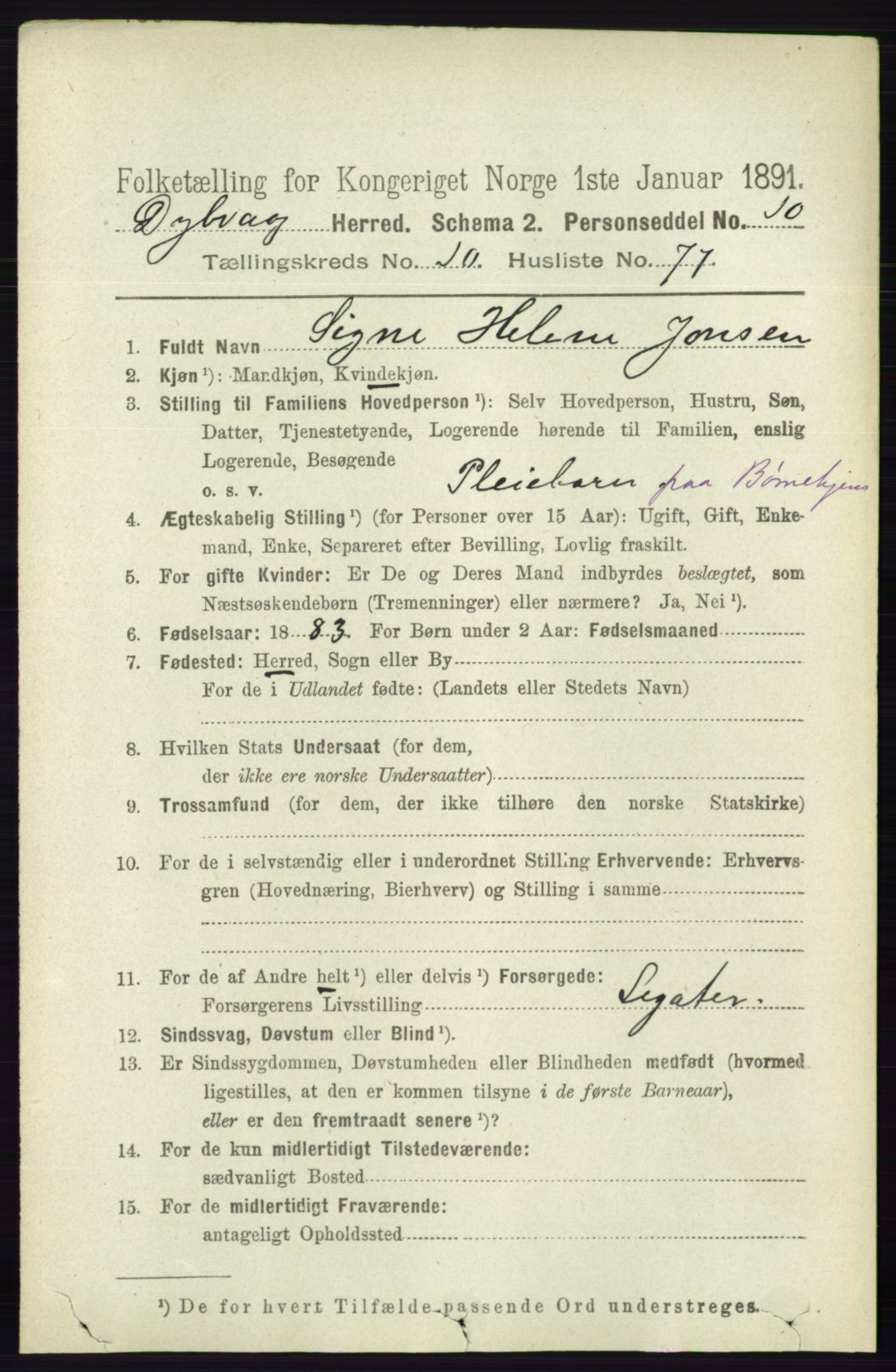 RA, 1891 census for 0915 Dypvåg, 1891, p. 4224