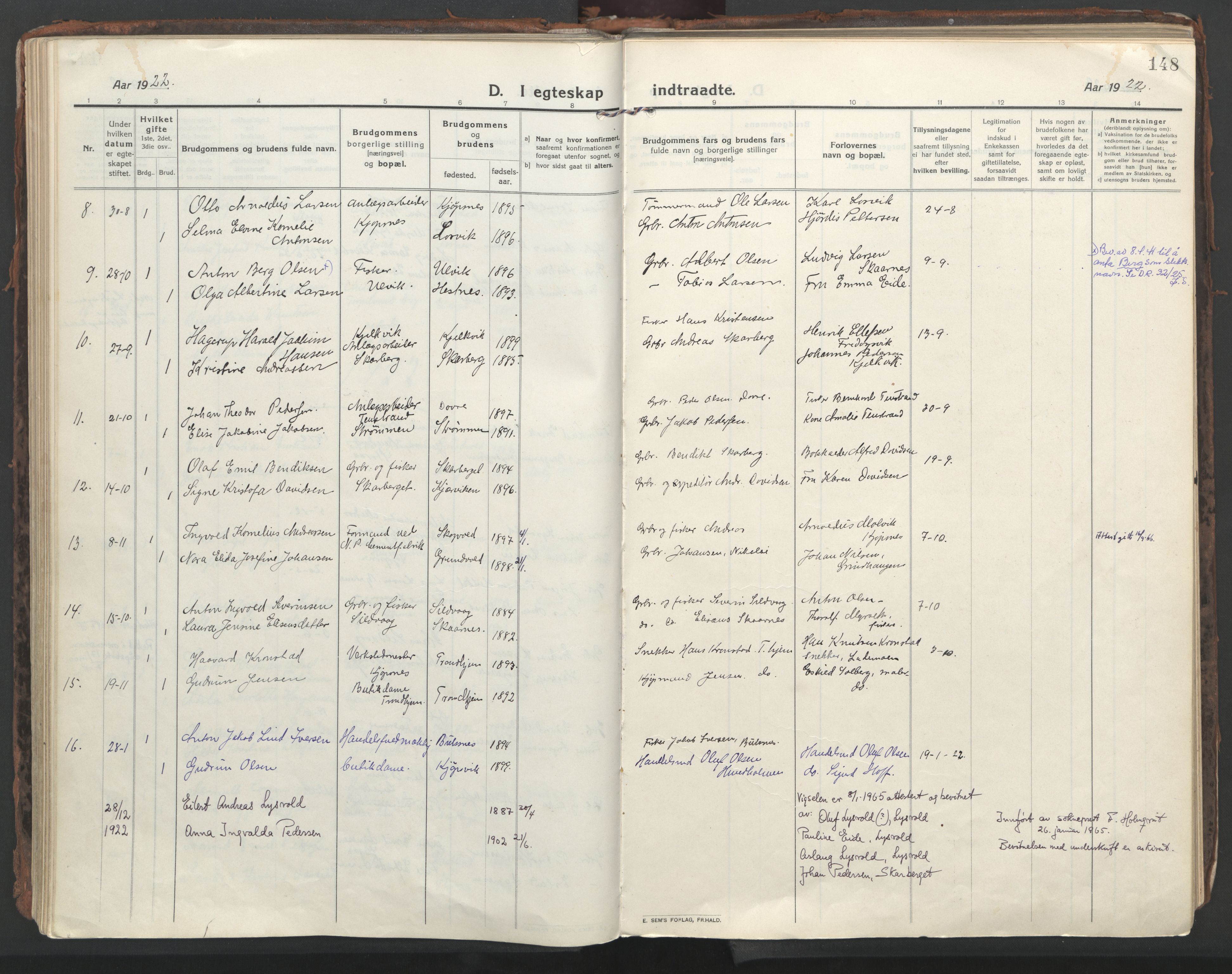 Ministerialprotokoller, klokkerbøker og fødselsregistre - Nordland, AV/SAT-A-1459/861/L0872: Parish register (official) no. 861A07, 1915-1924, p. 148