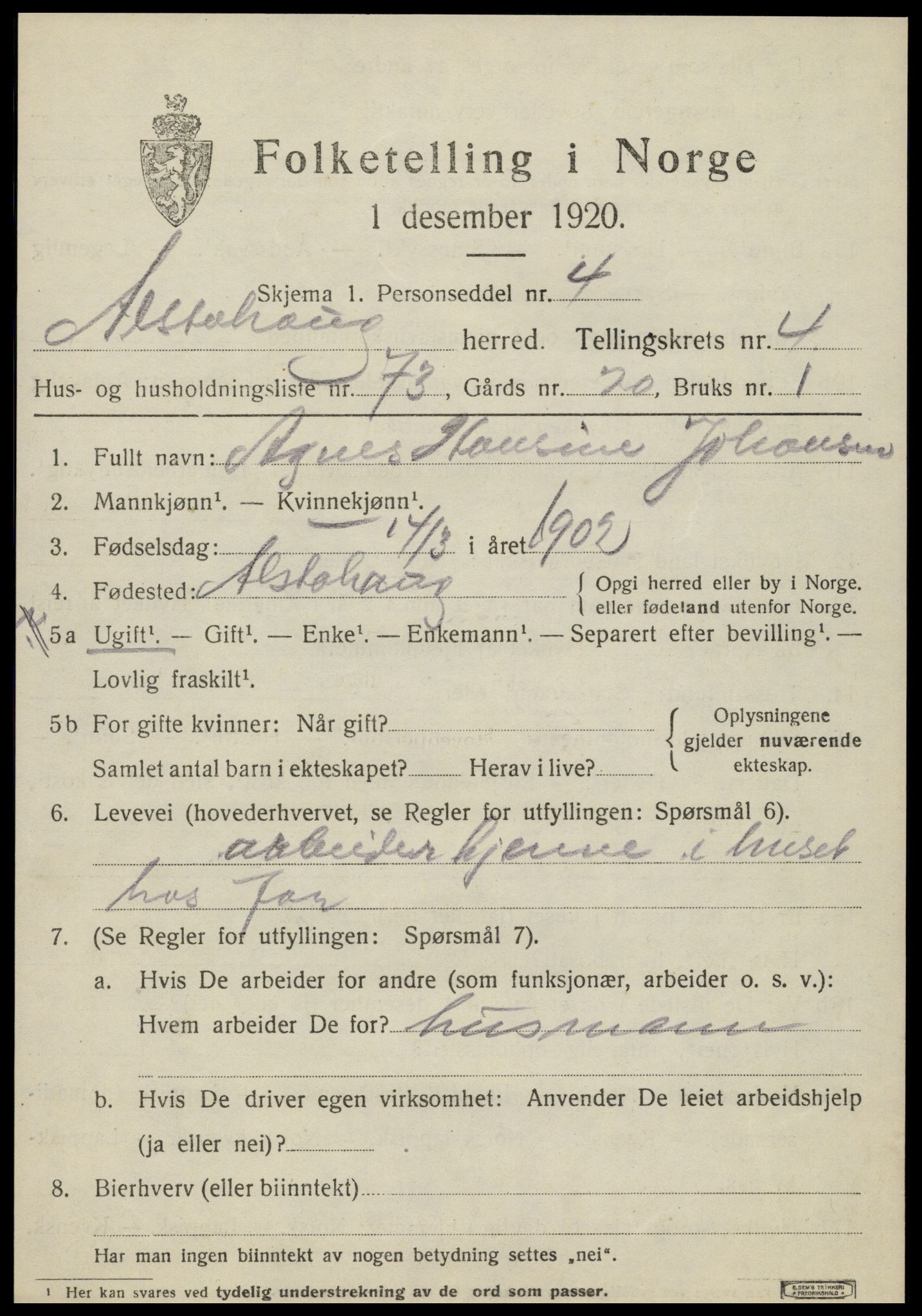 SAT, 1920 census for Alstahaug, 1920, p. 2835