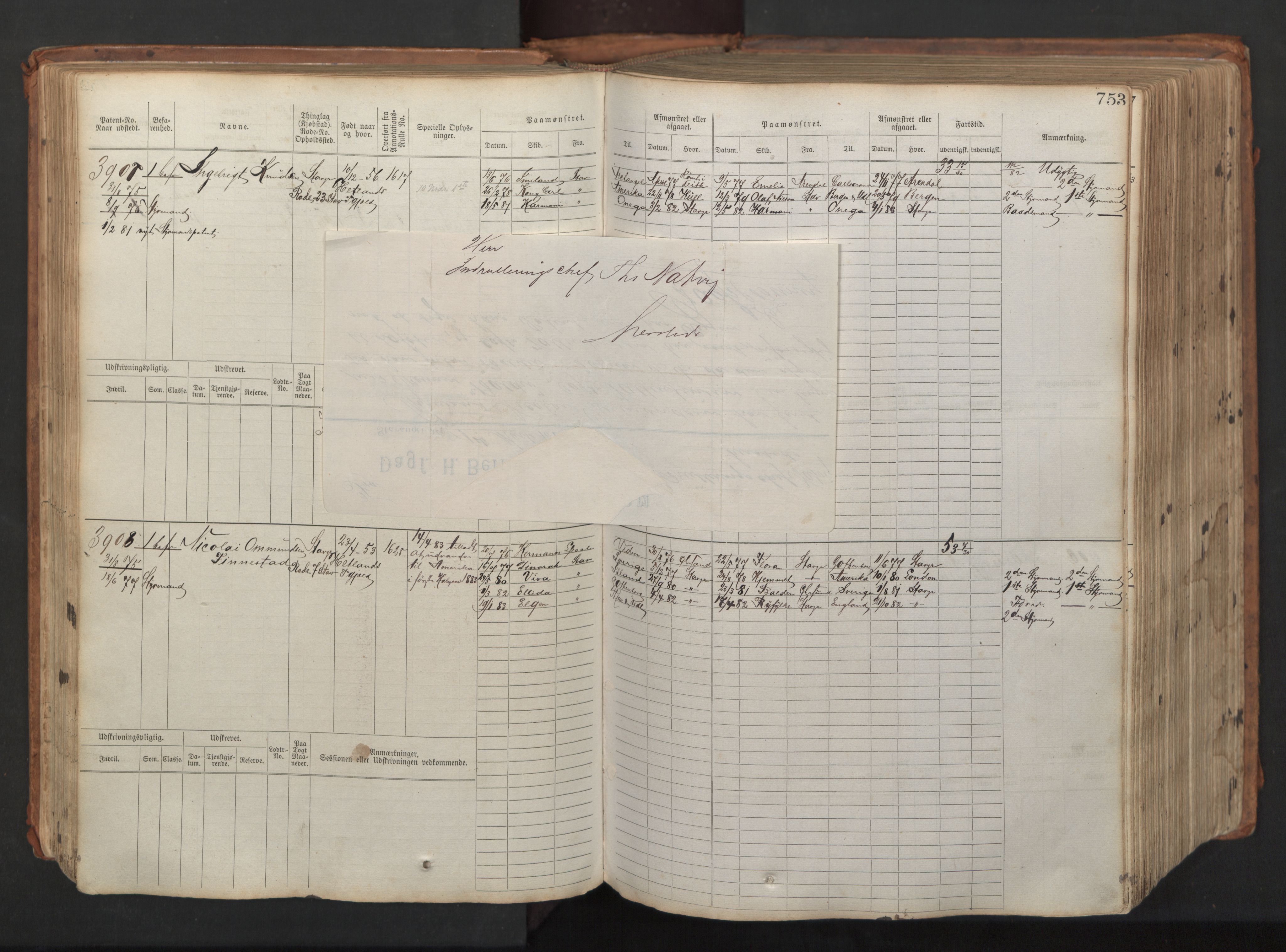 Stavanger sjømannskontor, AV/SAST-A-102006/F/Fb/Fbb/L0008: Sjøfartshovedrulle, patentnr. 3605-4804, 1873, p. 182