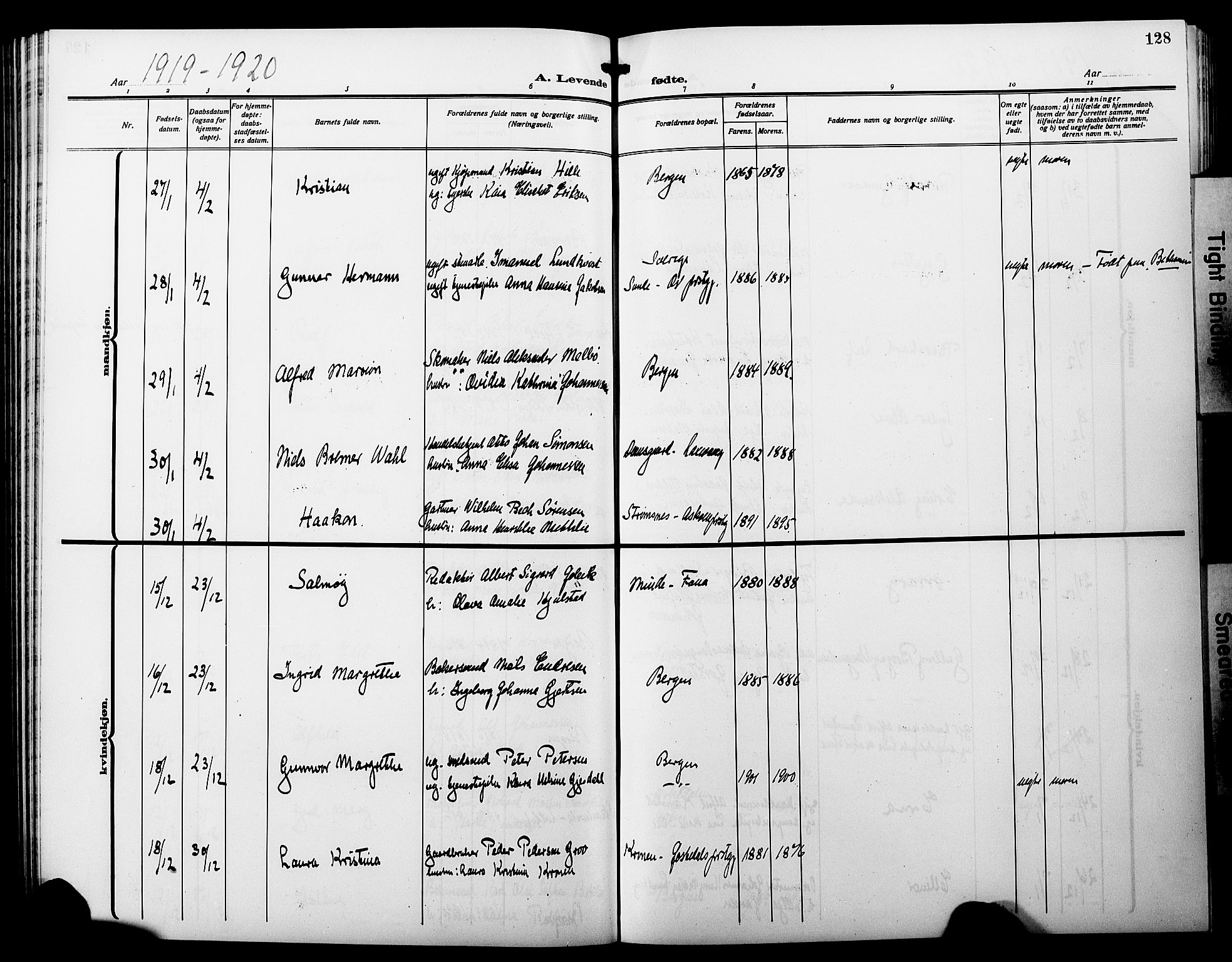 Fødselsstiftelsens sokneprestembete*, SAB/-: Parish register (copy) no. A 3, 1916-1925, p. 128