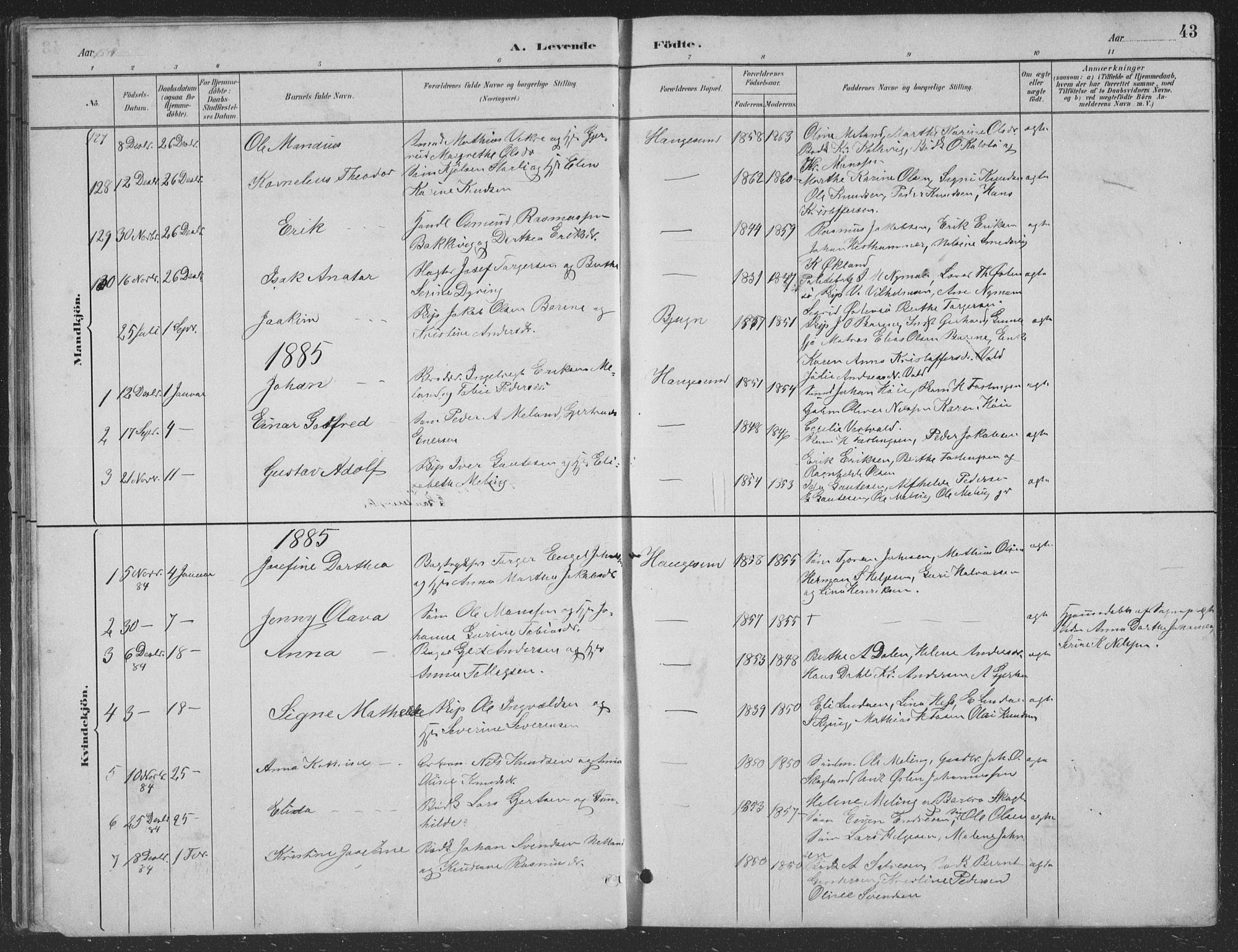 Haugesund sokneprestkontor, AV/SAST-A -101863/H/Ha/Hab/L0002: Parish register (copy) no. B 2, 1881-1894, p. 43