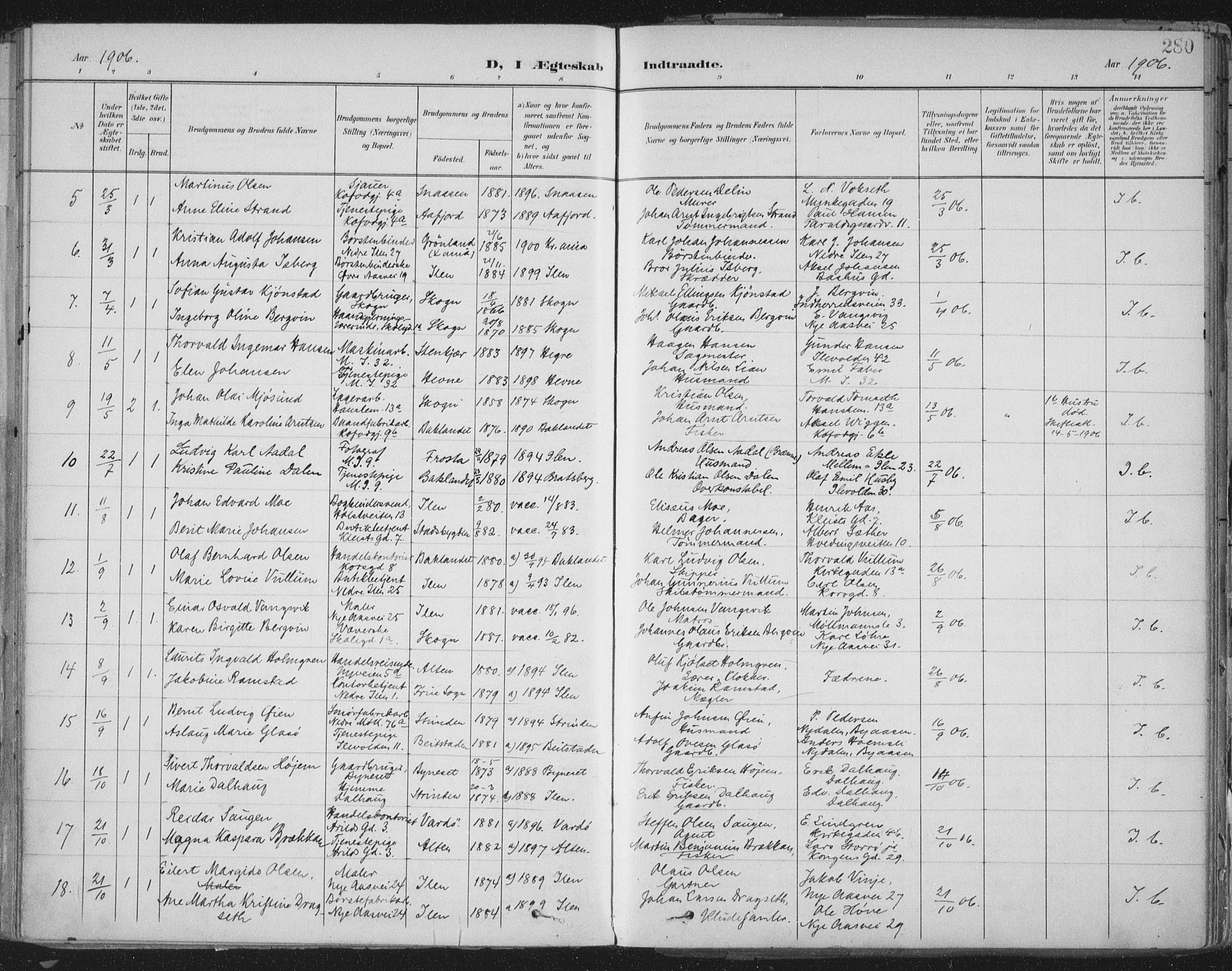 Ministerialprotokoller, klokkerbøker og fødselsregistre - Sør-Trøndelag, SAT/A-1456/603/L0167: Parish register (official) no. 603A06, 1896-1932, p. 280
