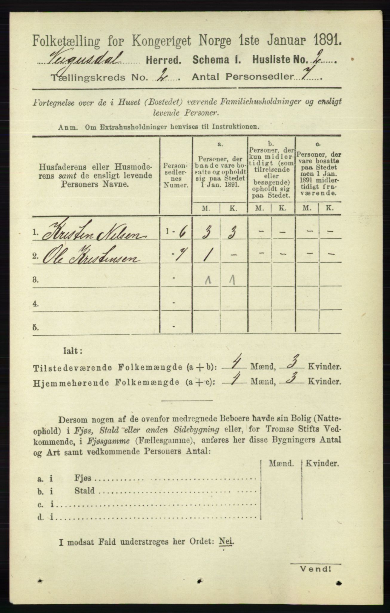 RA, 1891 census for 0934 Vegusdal, 1891, p. 291
