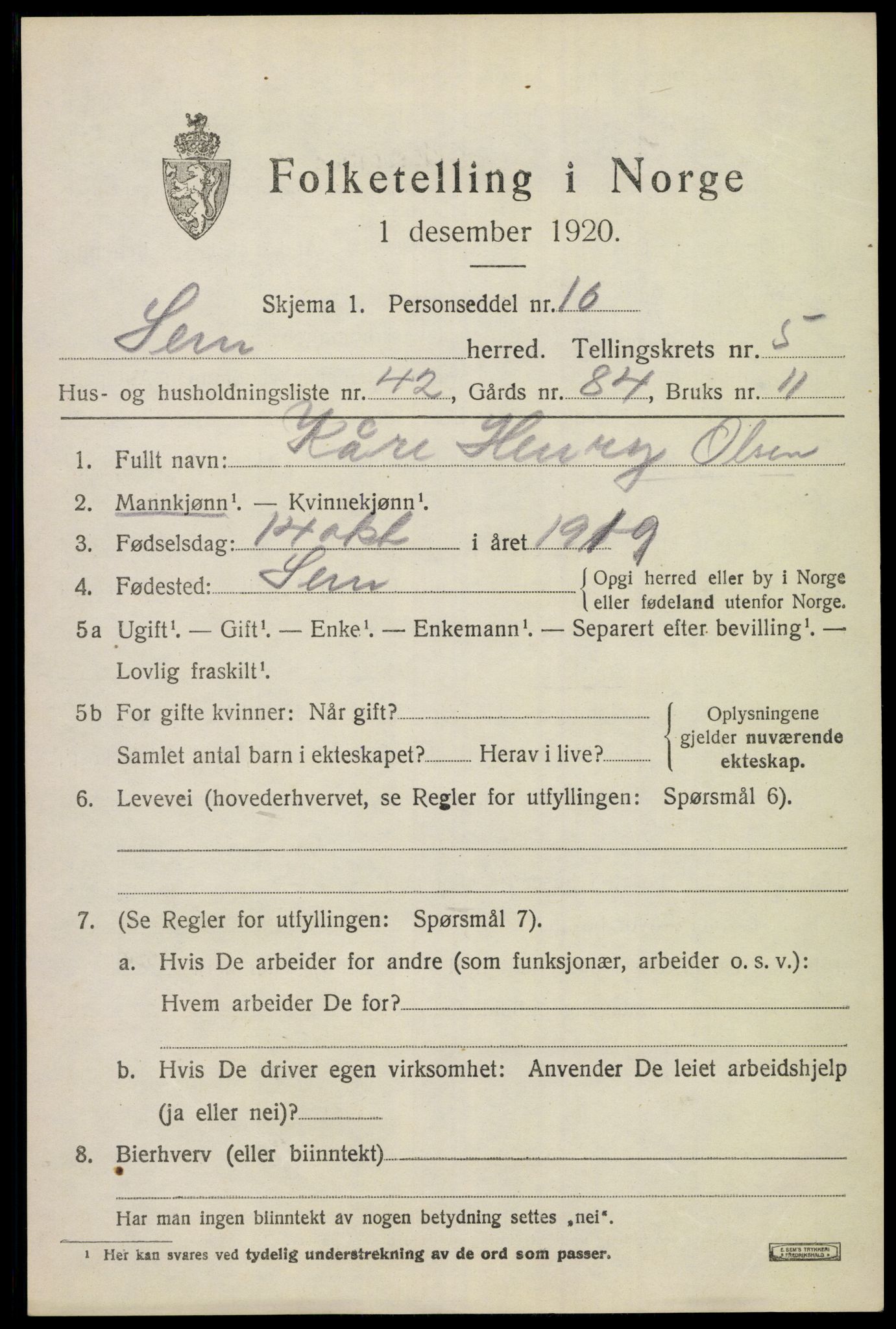 SAKO, 1920 census for Sem, 1920, p. 8281