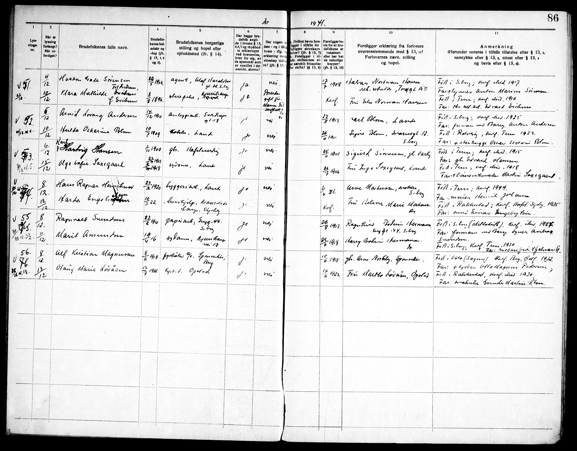 Tune prestekontor Kirkebøker, AV/SAO-A-2007/H/Ha/L0001: Banns register no. I 1, 1919-1946, p. 86