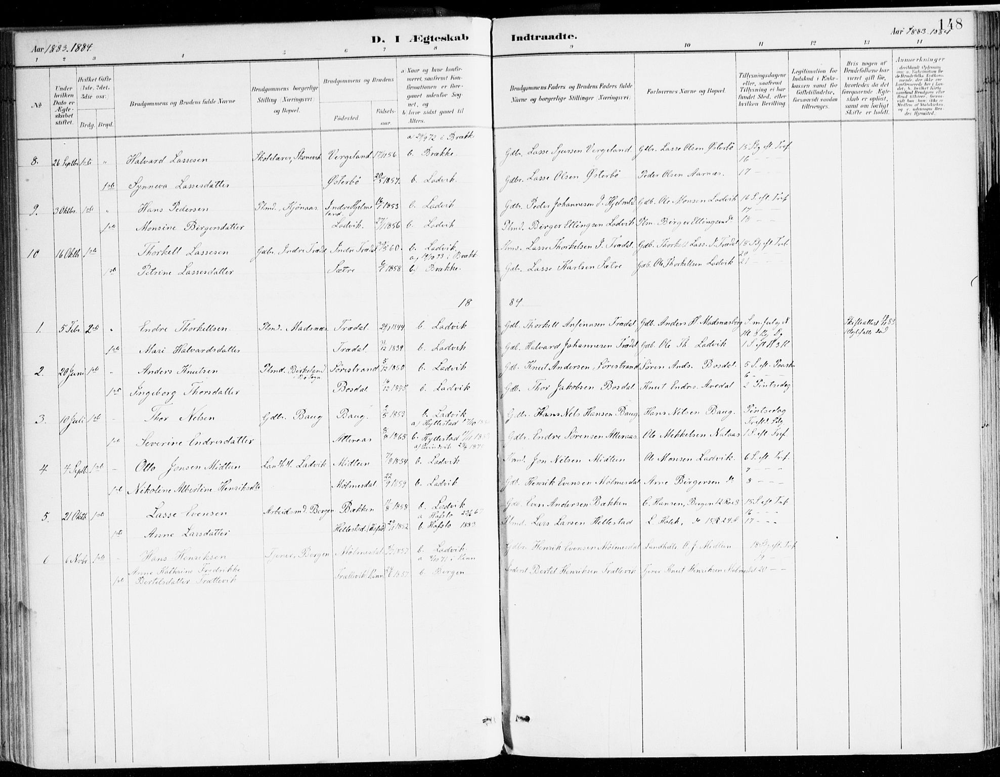 Lavik sokneprestembete, AV/SAB-A-80901: Parish register (official) no. B 1, 1882-1908, p. 148