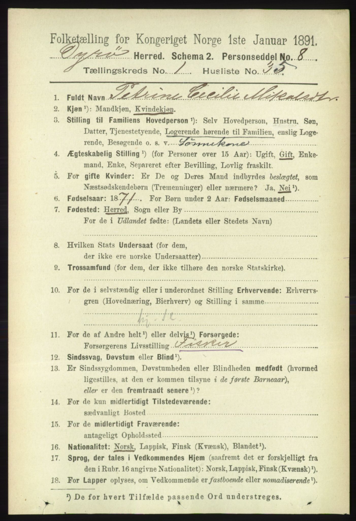 RA, 1891 census for 1926 Dyrøy, 1891, p. 290