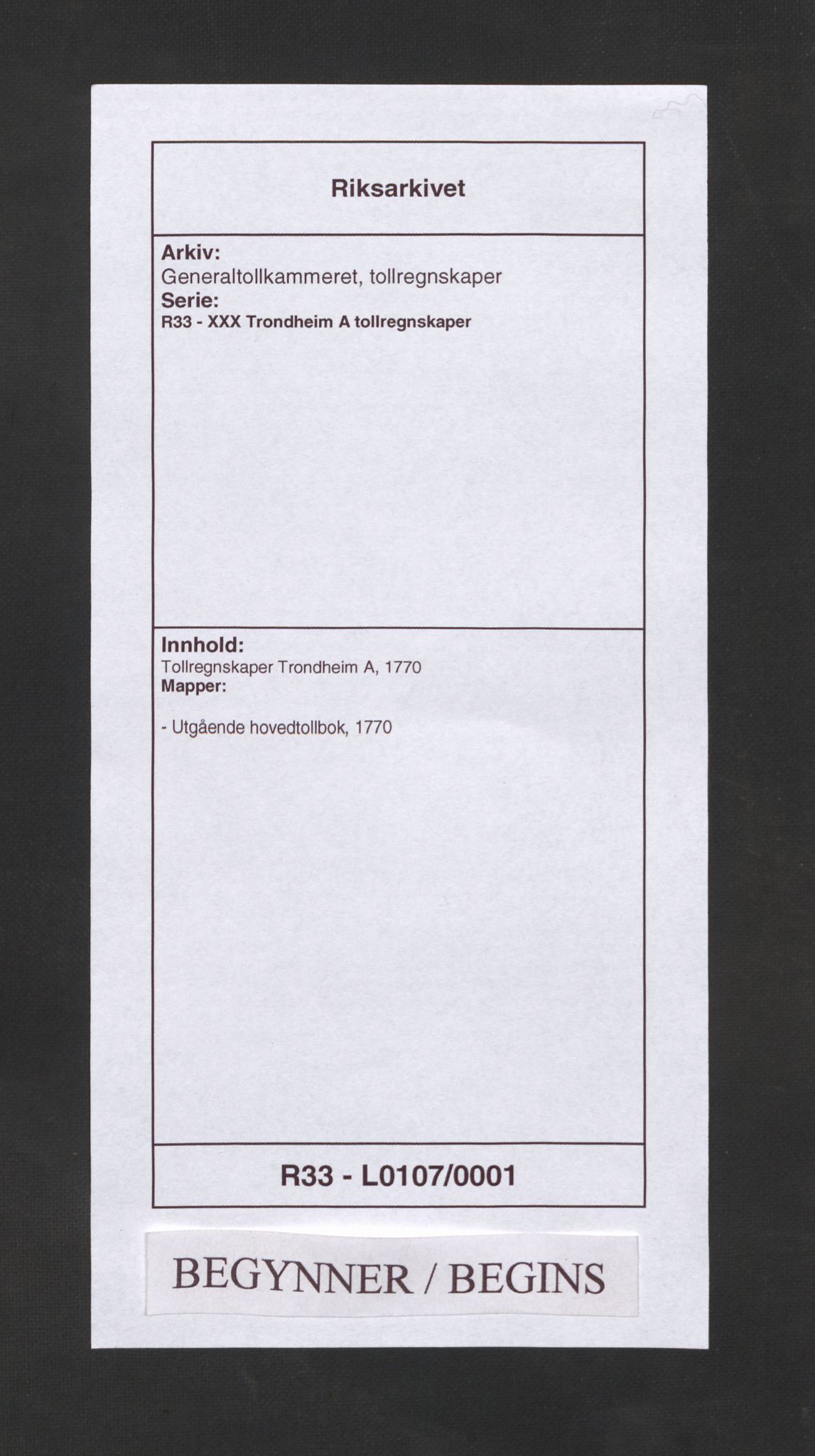 Generaltollkammeret, tollregnskaper, RA/EA-5490/R33/L0107/0001: Tollregnskaper Trondheim A / Utgående hovedtollbok, 1770