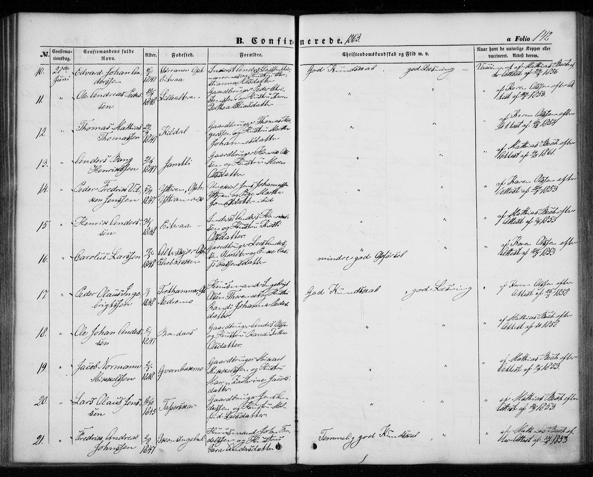 Ministerialprotokoller, klokkerbøker og fødselsregistre - Nordland, AV/SAT-A-1459/827/L0392: Parish register (official) no. 827A04, 1853-1866, p. 142