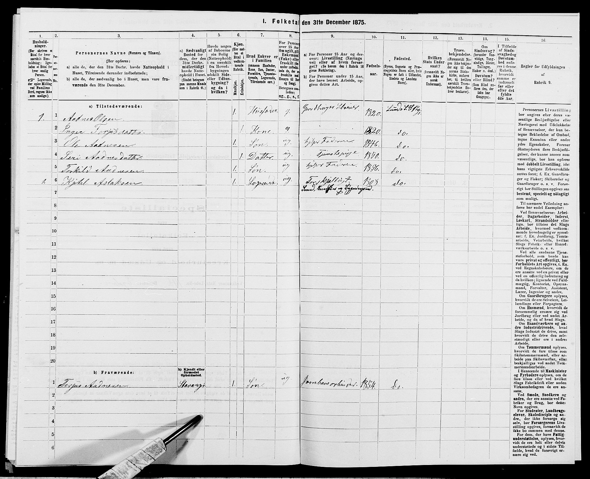 SAK, 1875 census for 1046P Sirdal, 1875, p. 573