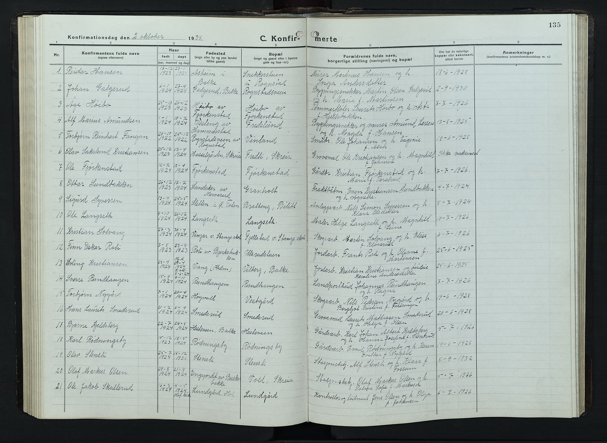 Balke prestekontor, AV/SAH-PREST-106/H/Ha/Hab/L0001: Parish register (copy) no. 1, 1920-1955, p. 135
