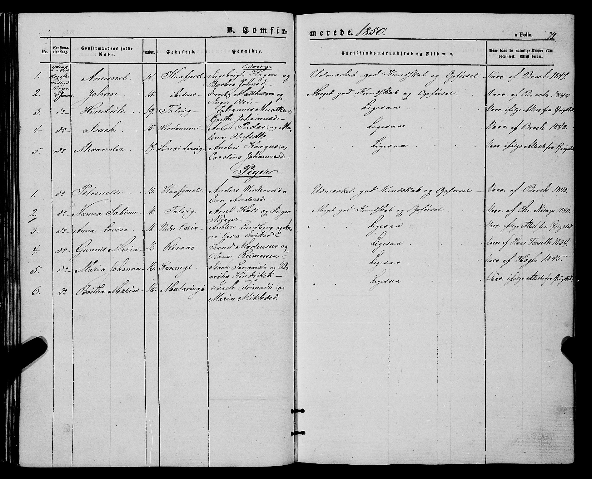 Talvik sokneprestkontor, AV/SATØ-S-1337/H/Ha/L0016kirke: Parish register (official) no. 16, 1847-1857, p. 71