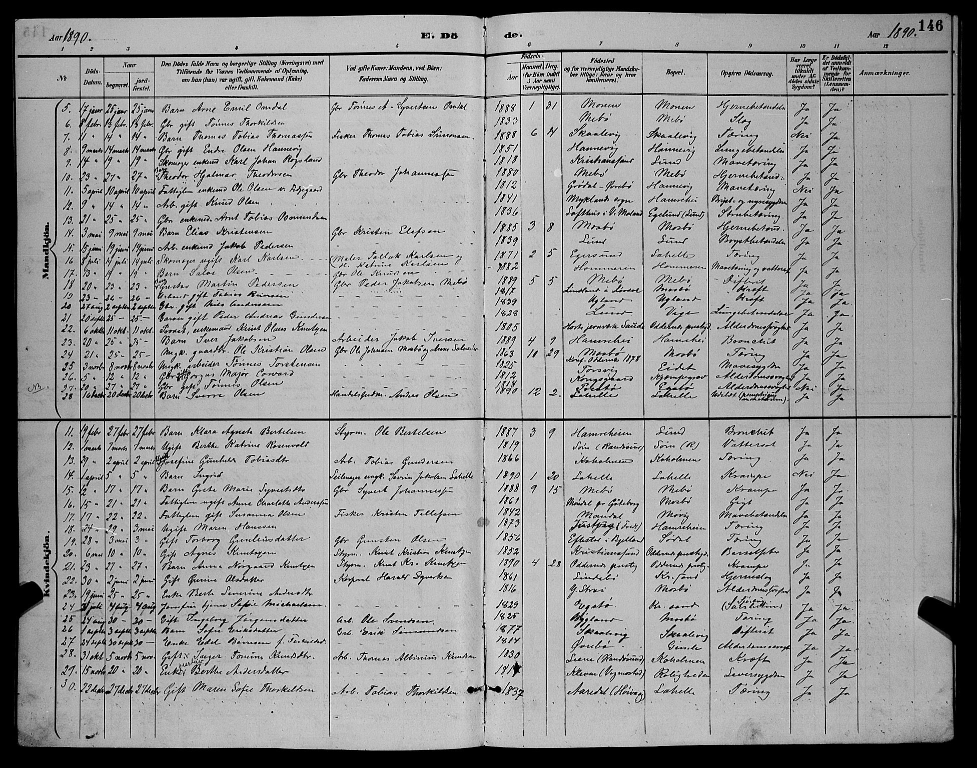 Oddernes sokneprestkontor, AV/SAK-1111-0033/F/Fb/Fba/L0008: Parish register (copy) no. B 8, 1887-1898, p. 146