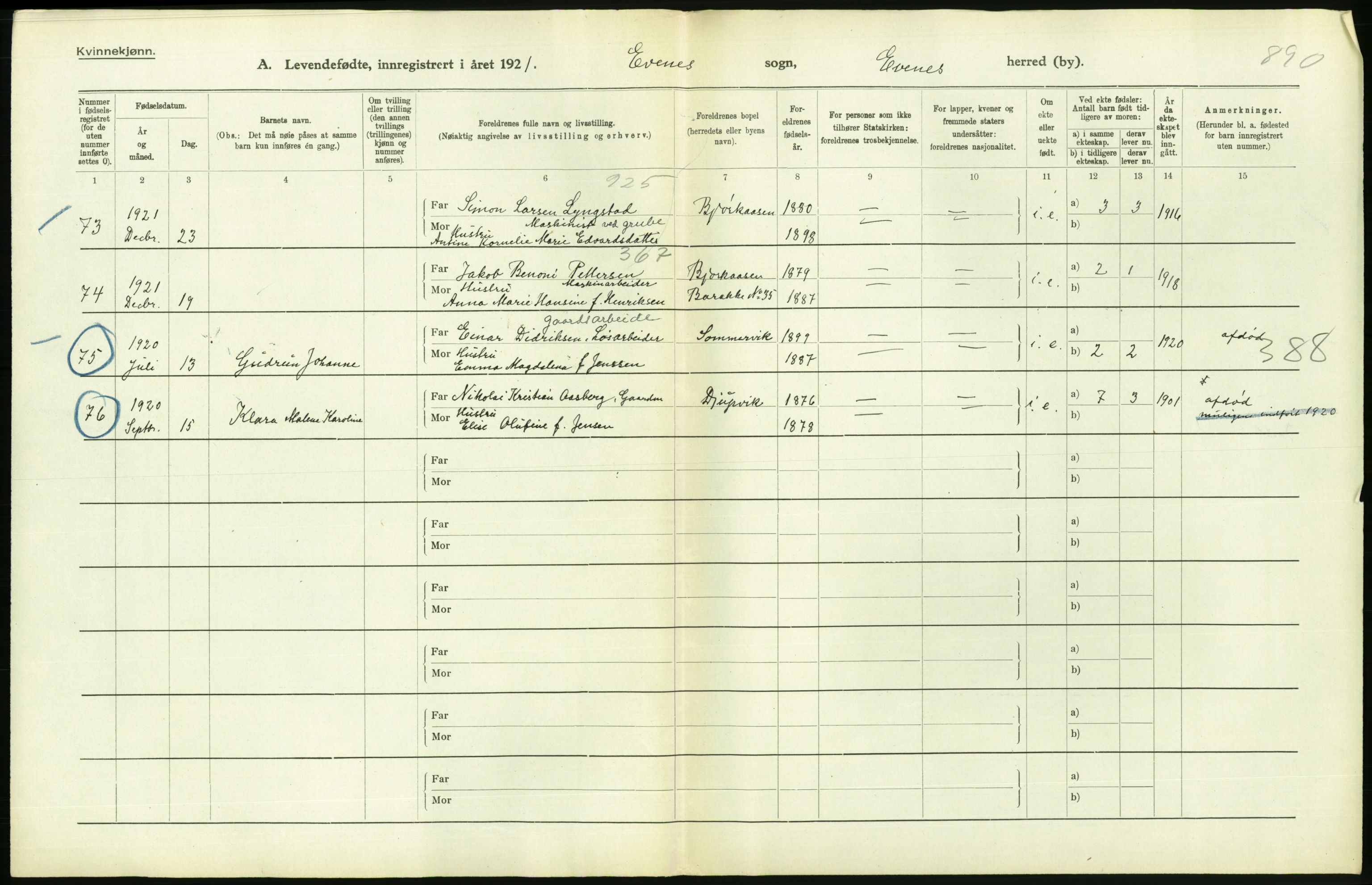 Statistisk sentralbyrå, Sosiodemografiske emner, Befolkning, AV/RA-S-2228/D/Df/Dfc/Dfca/L0049: Nordland fylke: Levendefødte menn og kvinner. Bygder., 1921, p. 292