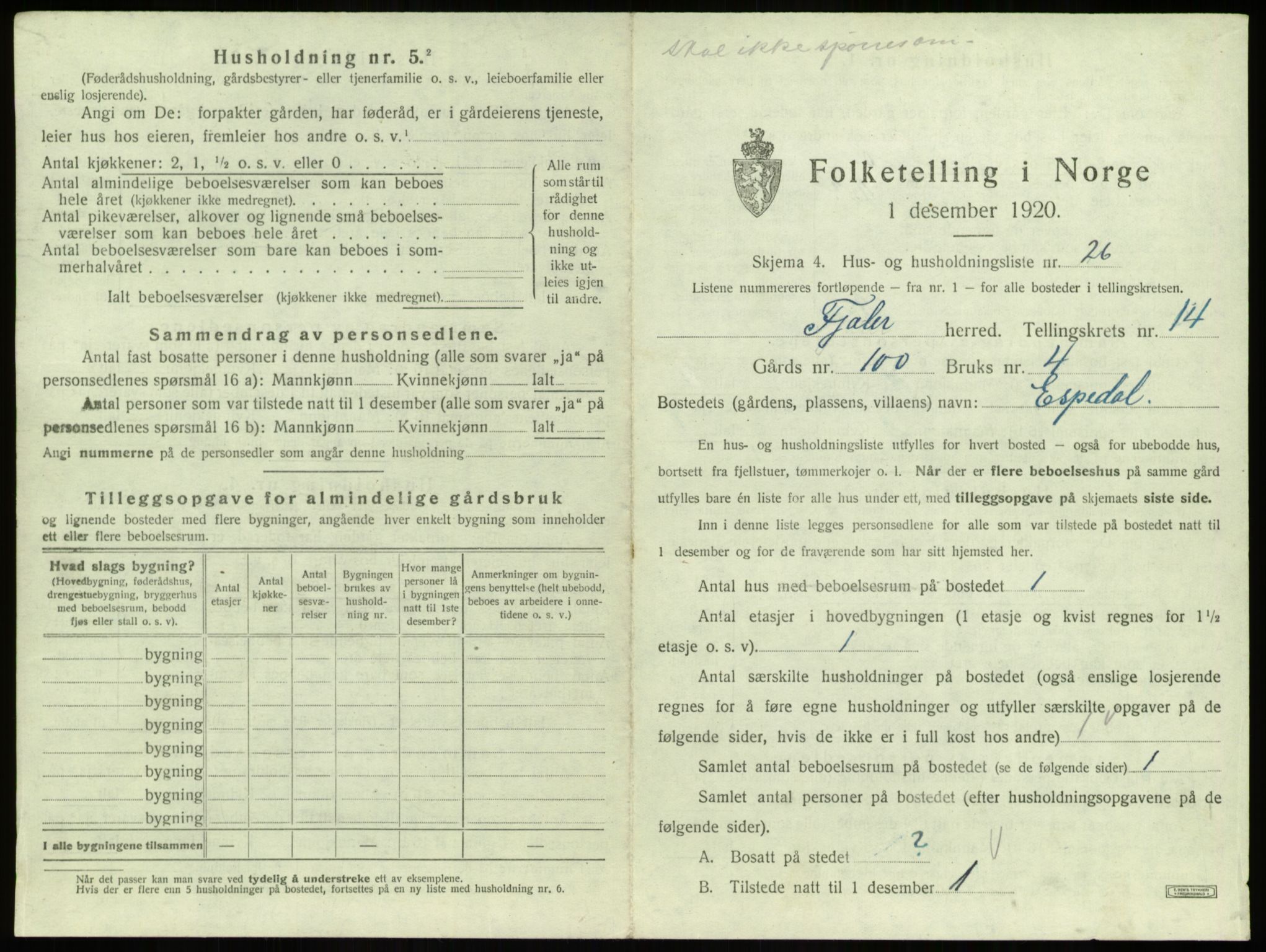 SAB, 1920 census for Fjaler, 1920, p. 1209