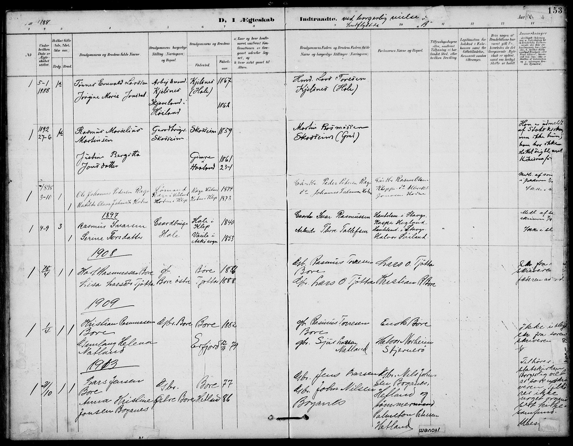 Klepp sokneprestkontor, SAST/A-101803/001/3/30BB/L0006: Parish register (copy) no. B 6, 1889-1936, p. 153