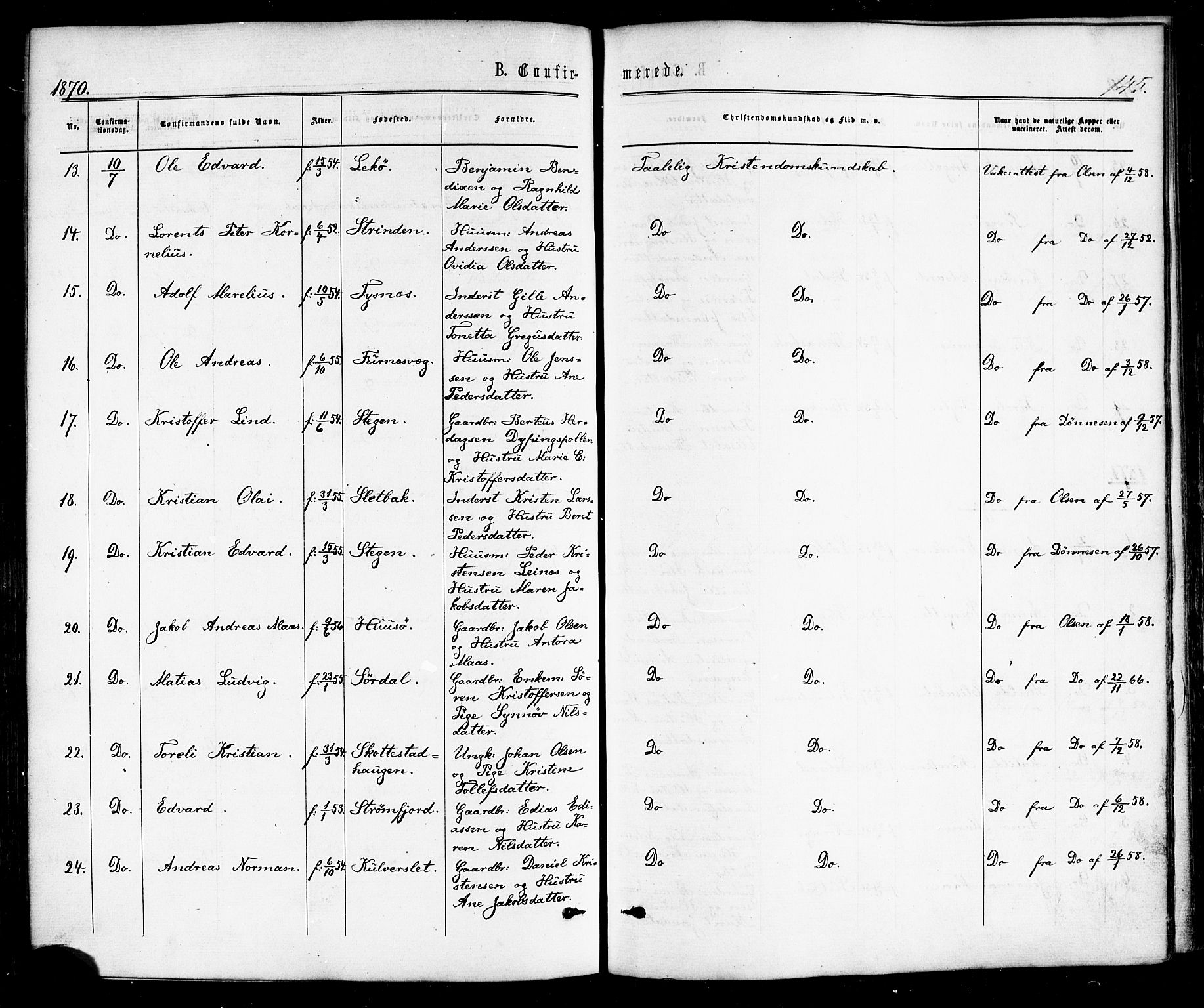 Ministerialprotokoller, klokkerbøker og fødselsregistre - Nordland, SAT/A-1459/859/L0845: Parish register (official) no. 859A05, 1863-1877, p. 145