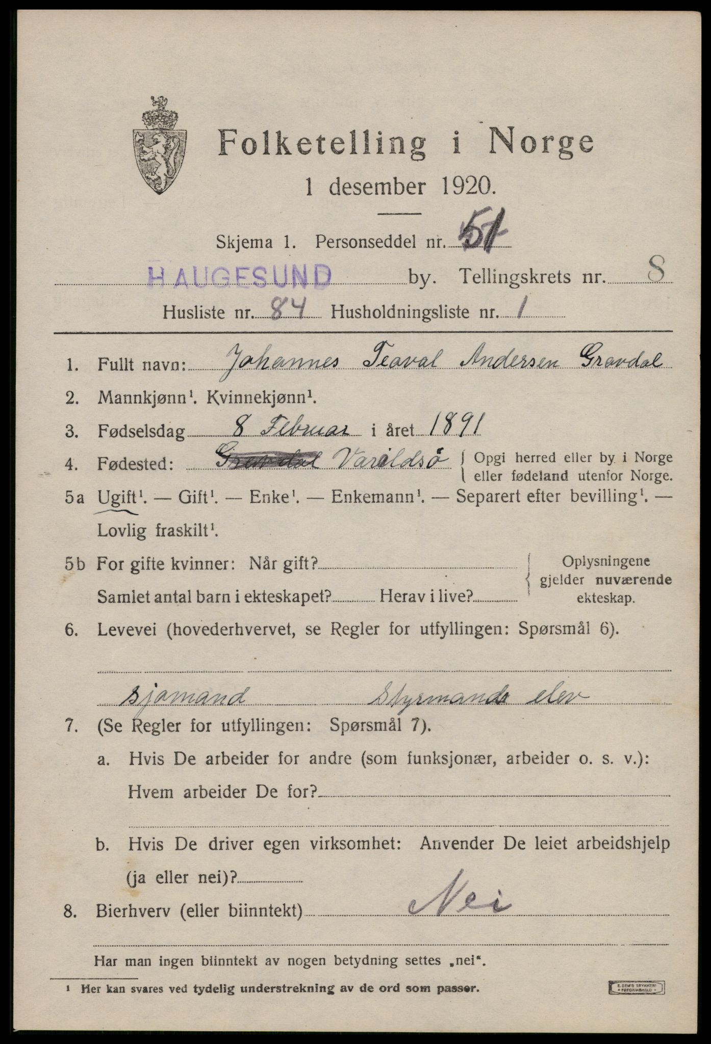 SAST, 1920 census for Haugesund, 1920, p. 29037