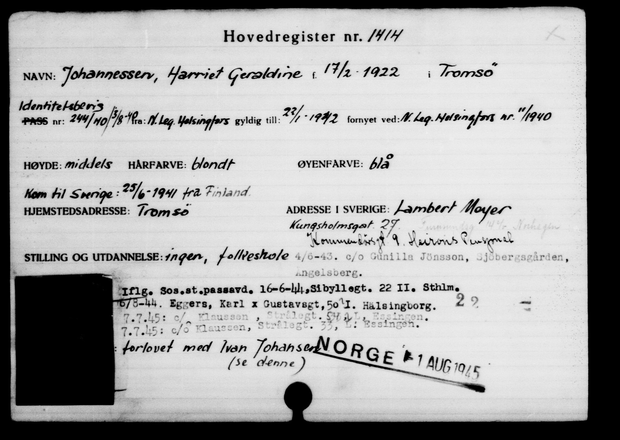 Den Kgl. Norske Legasjons Flyktningskontor, AV/RA-S-6753/V/Va/L0002: Kjesäterkartoteket.  Flyktningenr. 1001-2000, 1940-1945, p. 585