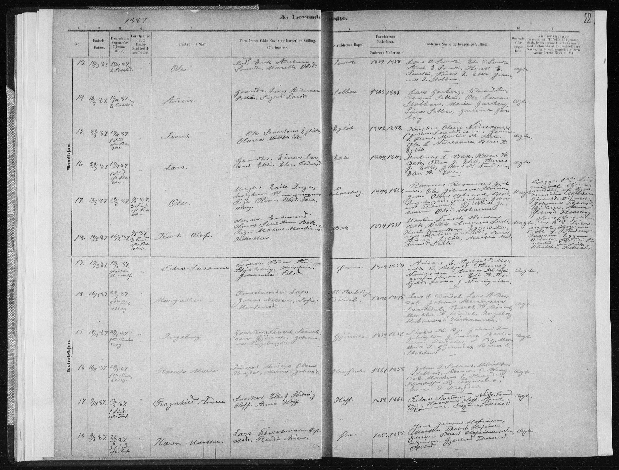 Ministerialprotokoller, klokkerbøker og fødselsregistre - Sør-Trøndelag, AV/SAT-A-1456/668/L0818: Parish register (copy) no. 668C07, 1885-1898, p. 22