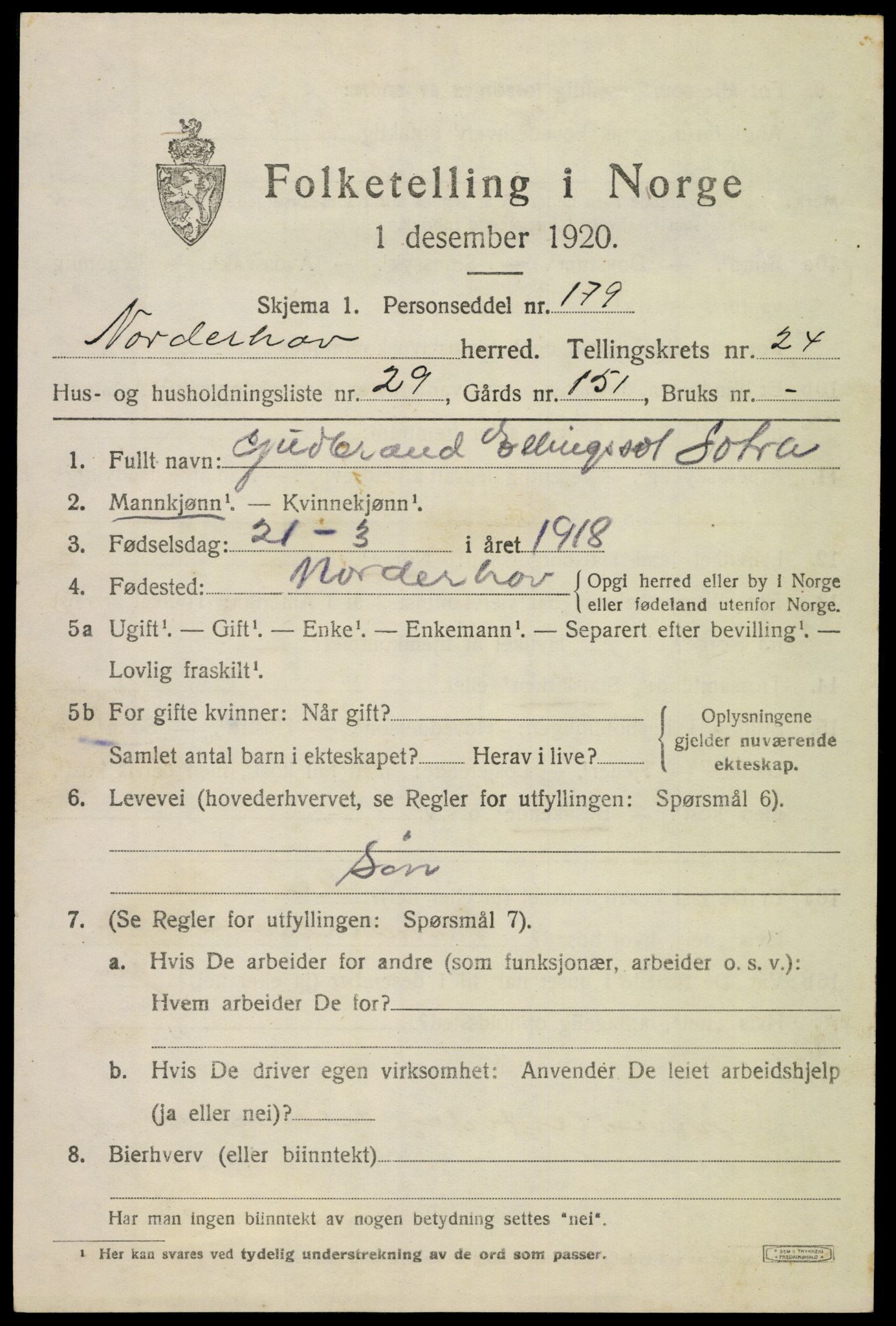 SAKO, 1920 census for Norderhov, 1920, p. 23797